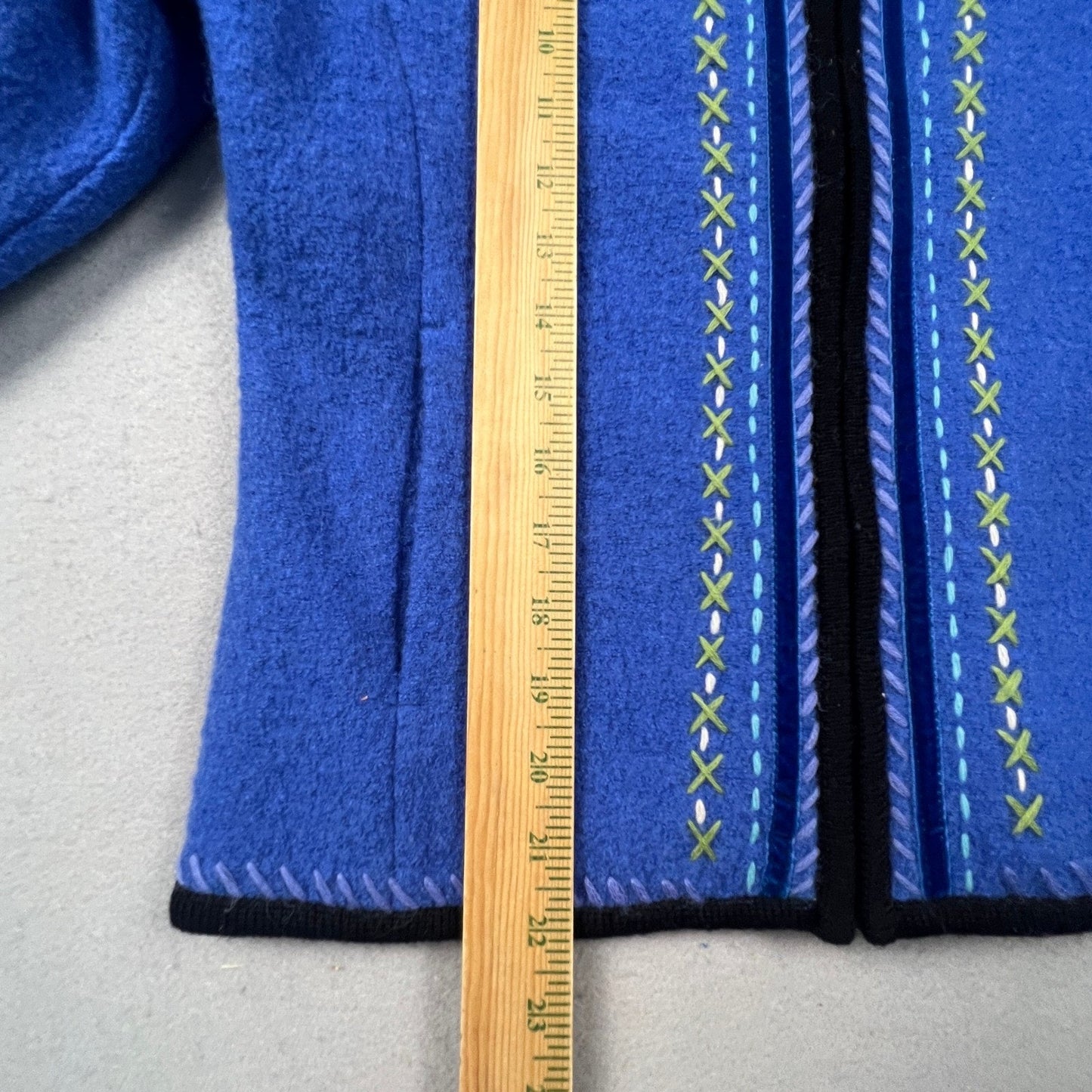 Carson Wool Embroidered Jacket Womens Small Blue Faux Fur Trim Boho Folk Art