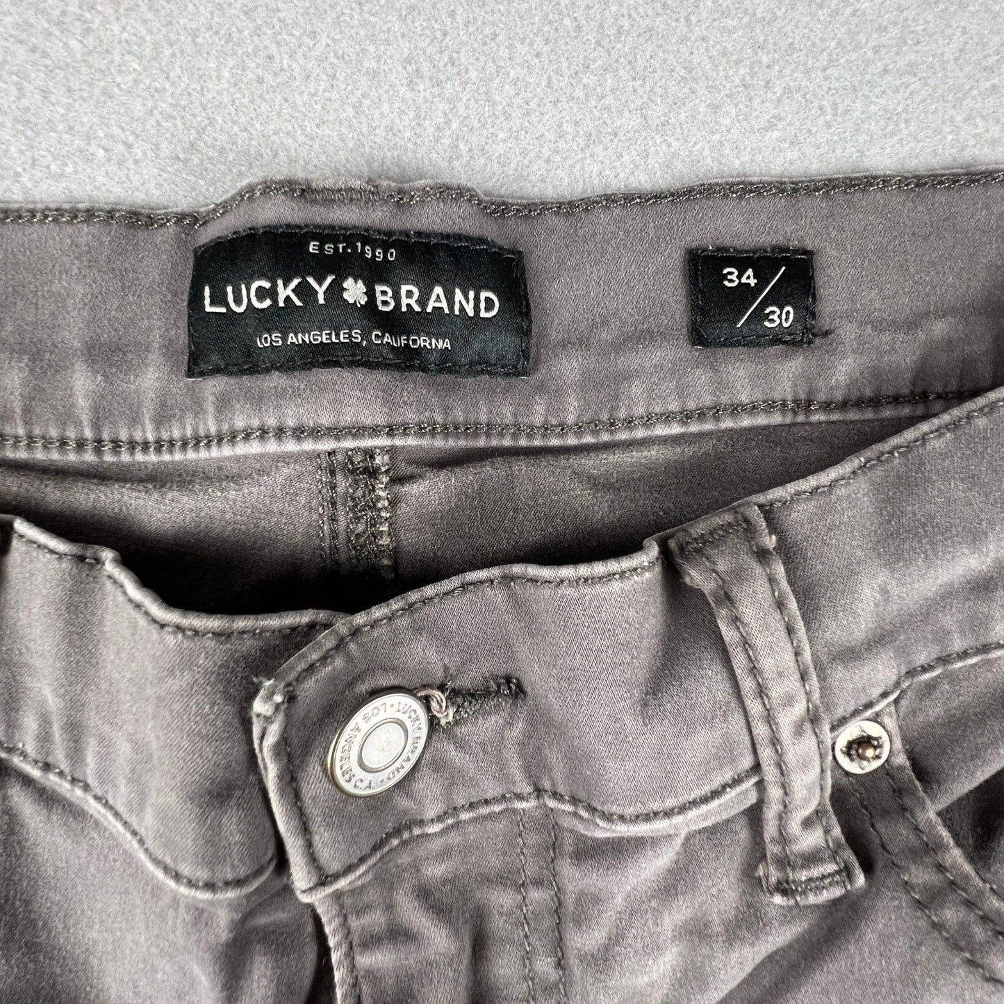Lucky Brand 410 Athletic Slim Pants Mens 34x30 Gray Stretch Casual Chino Denim
