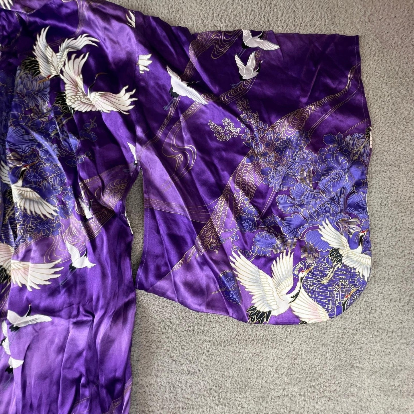 Japanese Silk Kimono Robe Purple Crane Floral Print Made in Japan OS Vintage