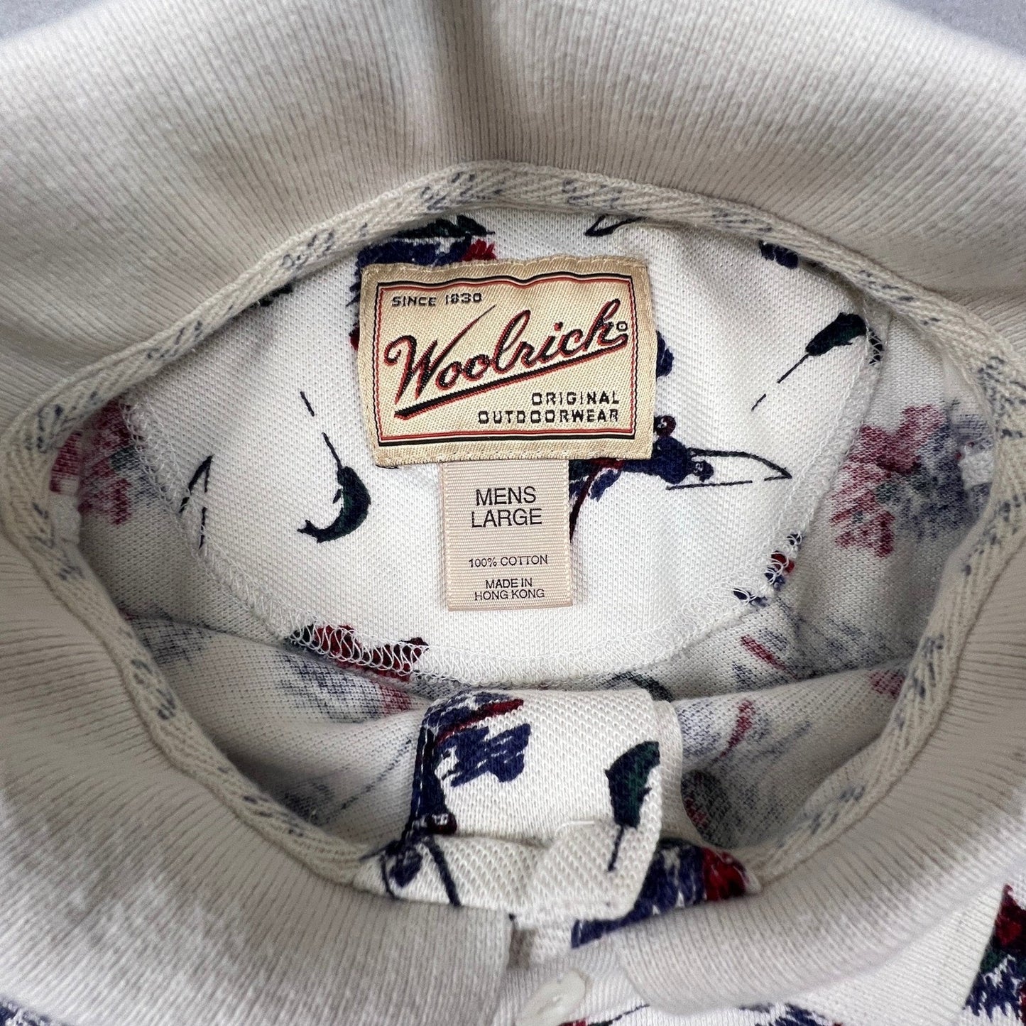 Woolrich Polo Shirt Mens Large Ivory Fishing Print Cotton Short Sleeve Outdoor