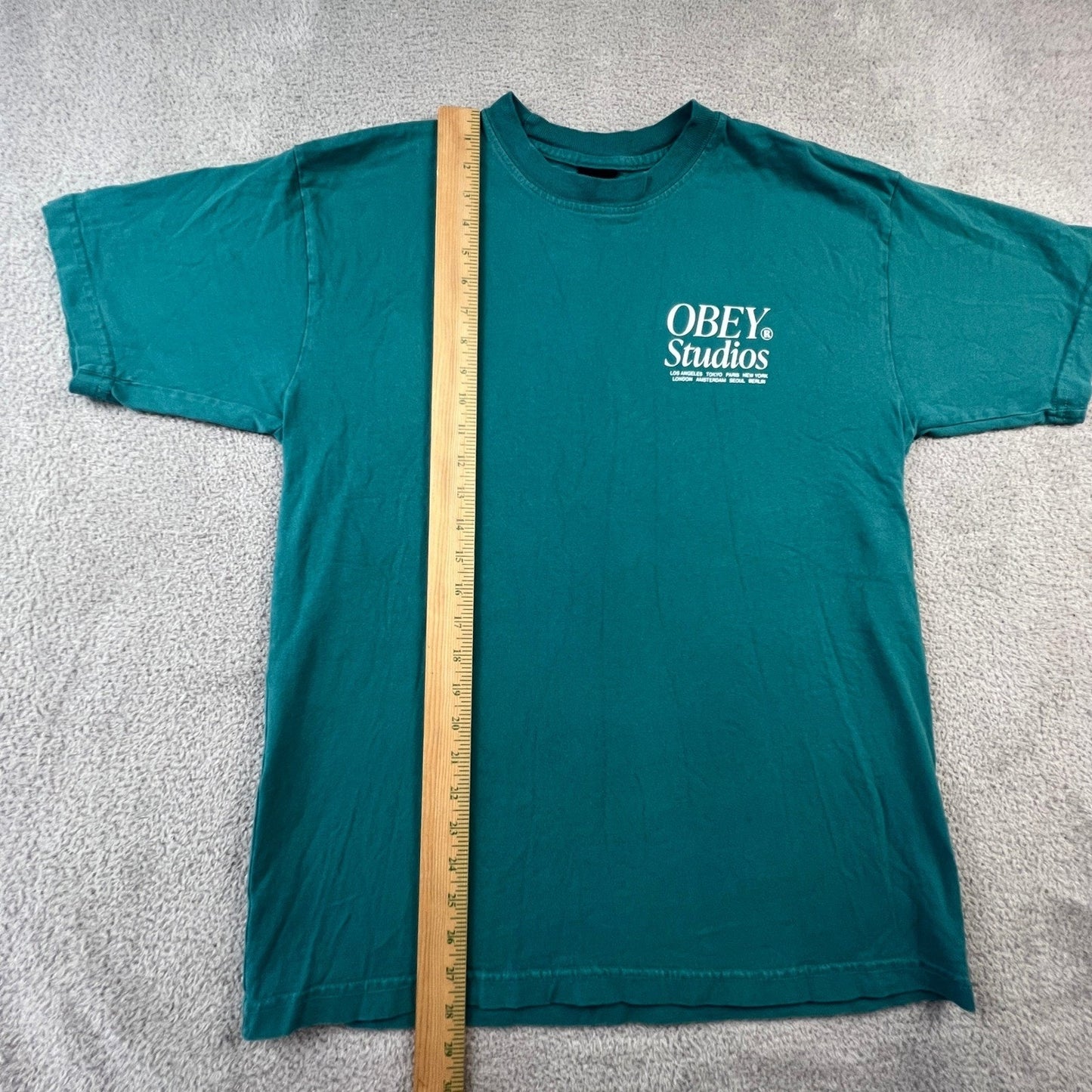 Obey Studios Mens Medium Graphic T-Shirt Teal Green Short Sleeve Crewneck