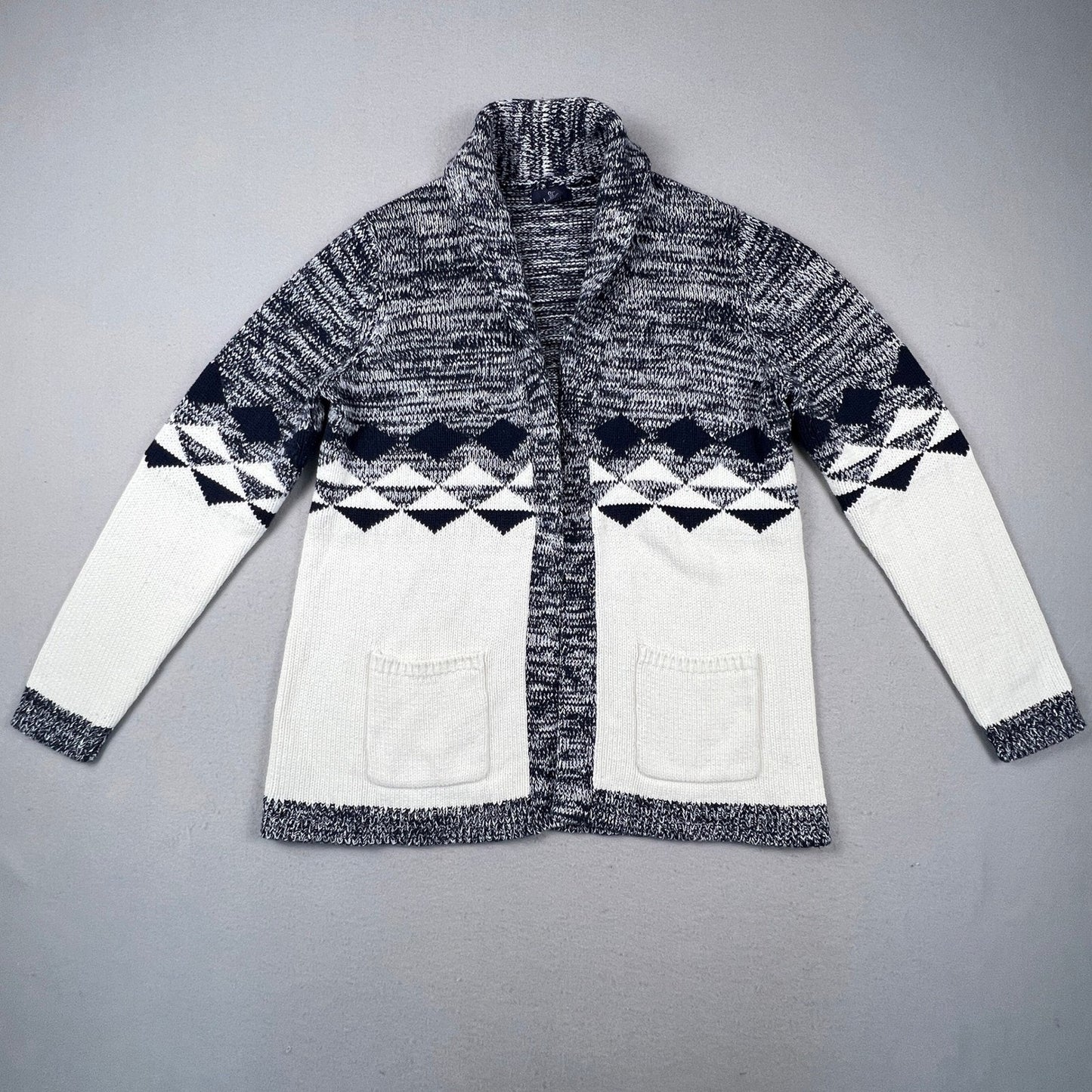 Gap Cardigan Sweater Womens Large Blue White Geometric Fair Isle Shawl Knit Cozy