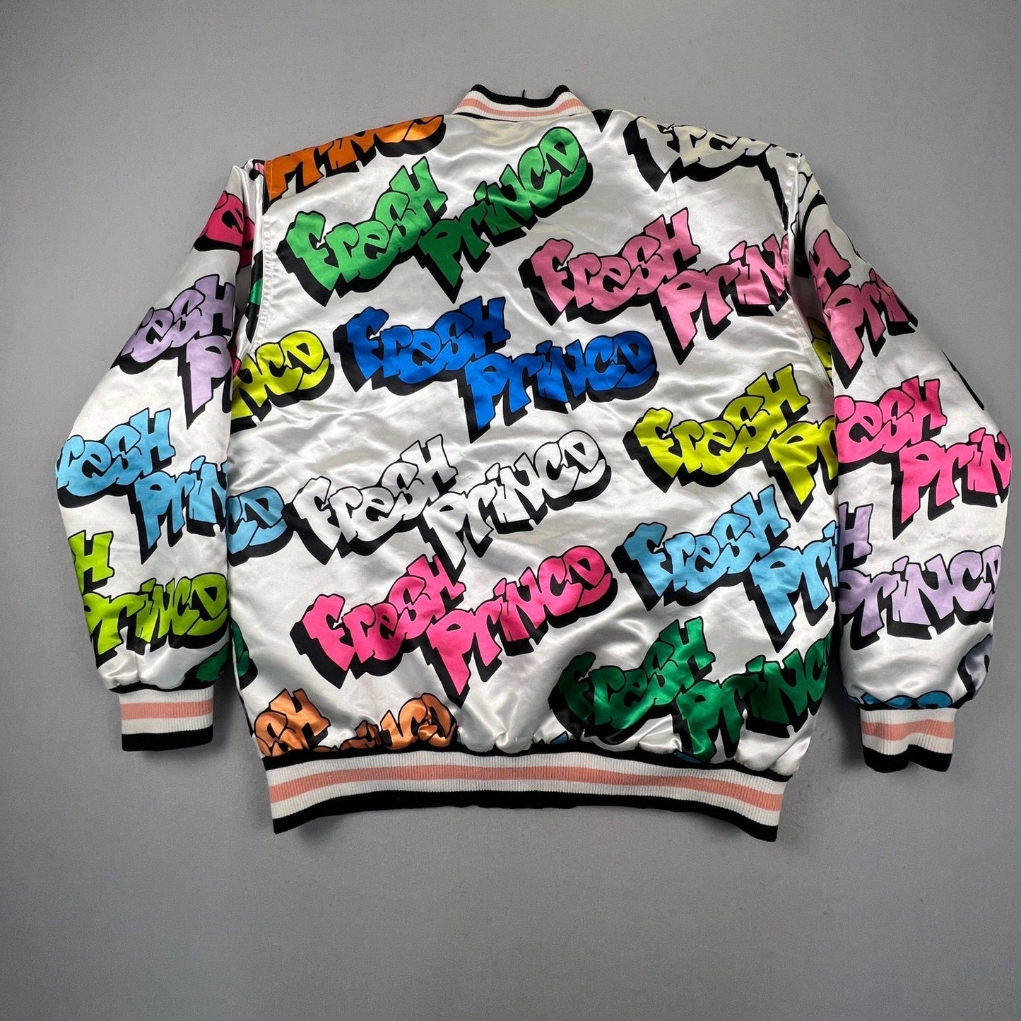Headgear Classics Fresh Prince Jacket Mens XL White Graffiti Satin Bomber 90s