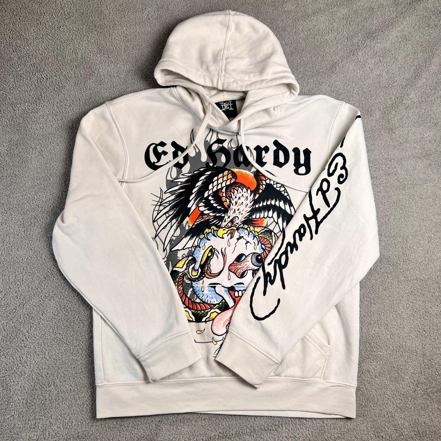 Y2K Ed Hardy Hoodie Eagle Skull Snake Flames Mens Size Medium White Sweatshirt