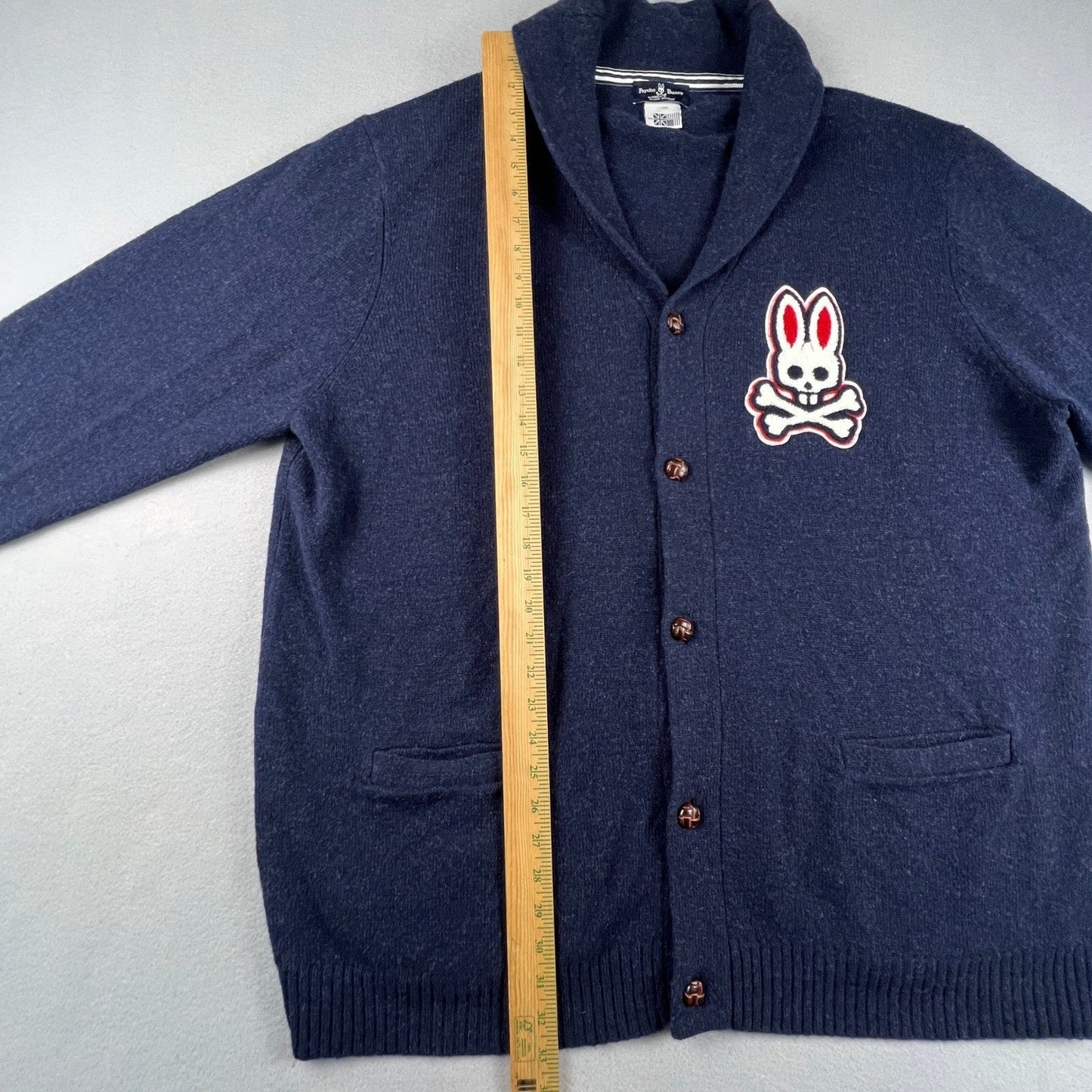Psycho Bunny Cardigan Sweater Mens 2XL Navy Blue Wool Logo Shawl Preppy Academia