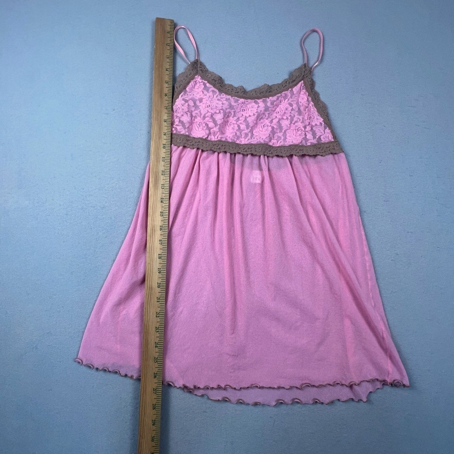 VTG Y2K Babydoll Camisole Women S Pink Brown Lace Mesh Chemise Nightgown