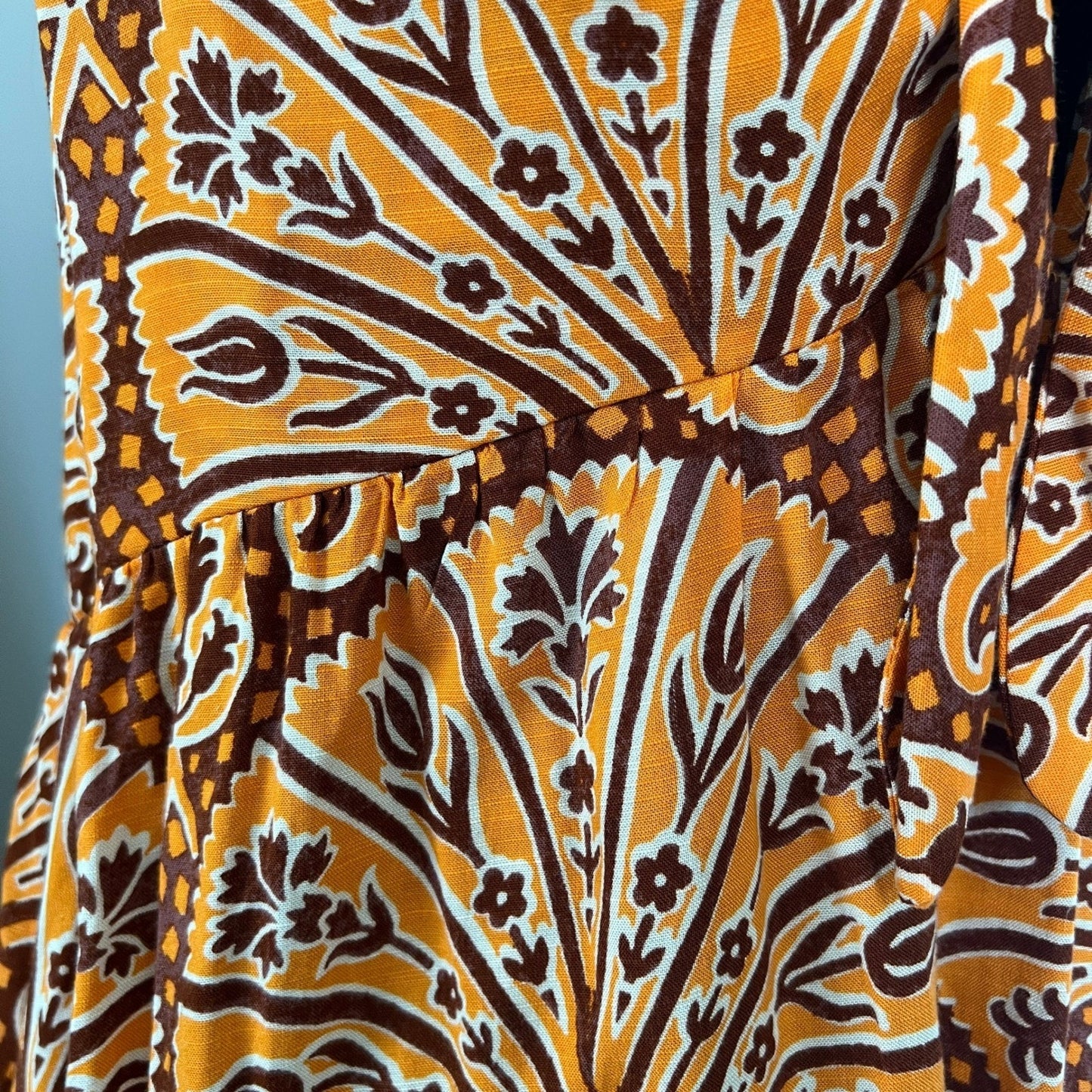 Boho Peasant Summer Midi Dress Womens Medium Orange Paisley Tie Front Knox Rose