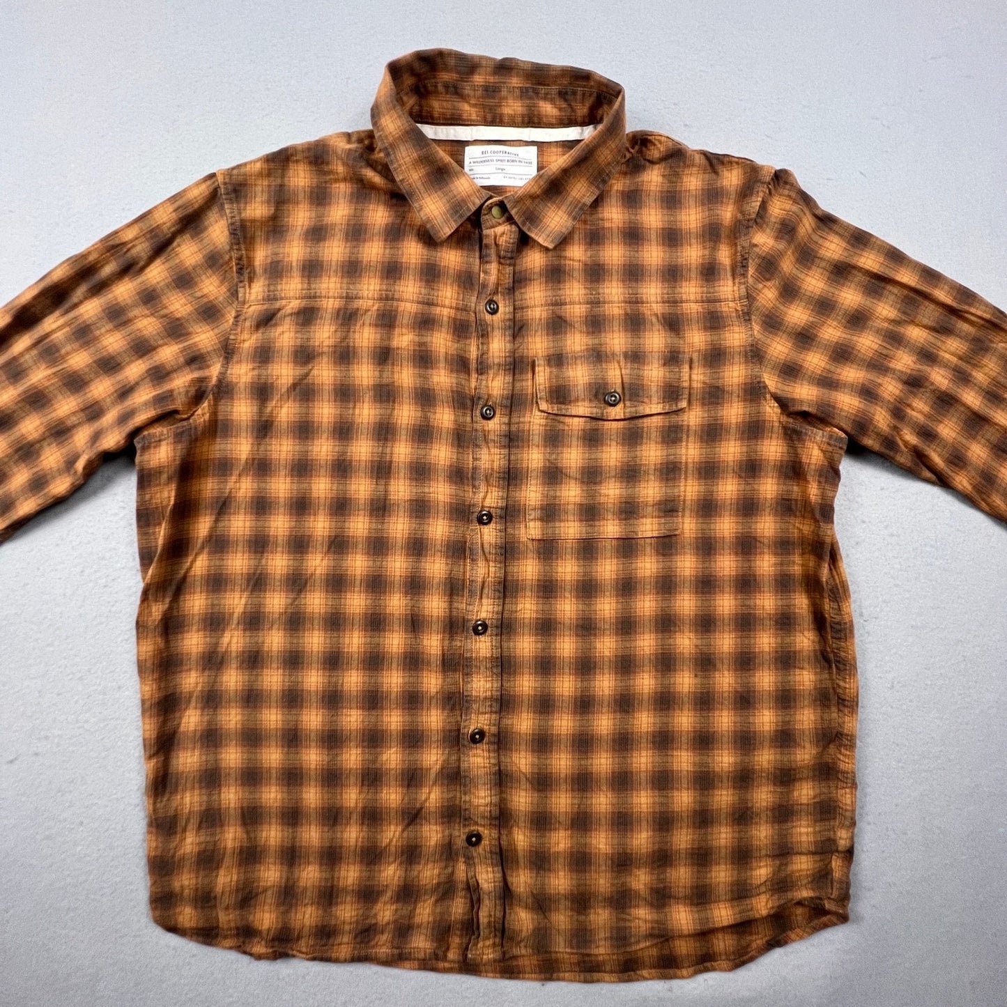 REI Co-op Flannel Shirt Mens Large Orange Brown Plaid Cotton Hiking Outdoor F20
