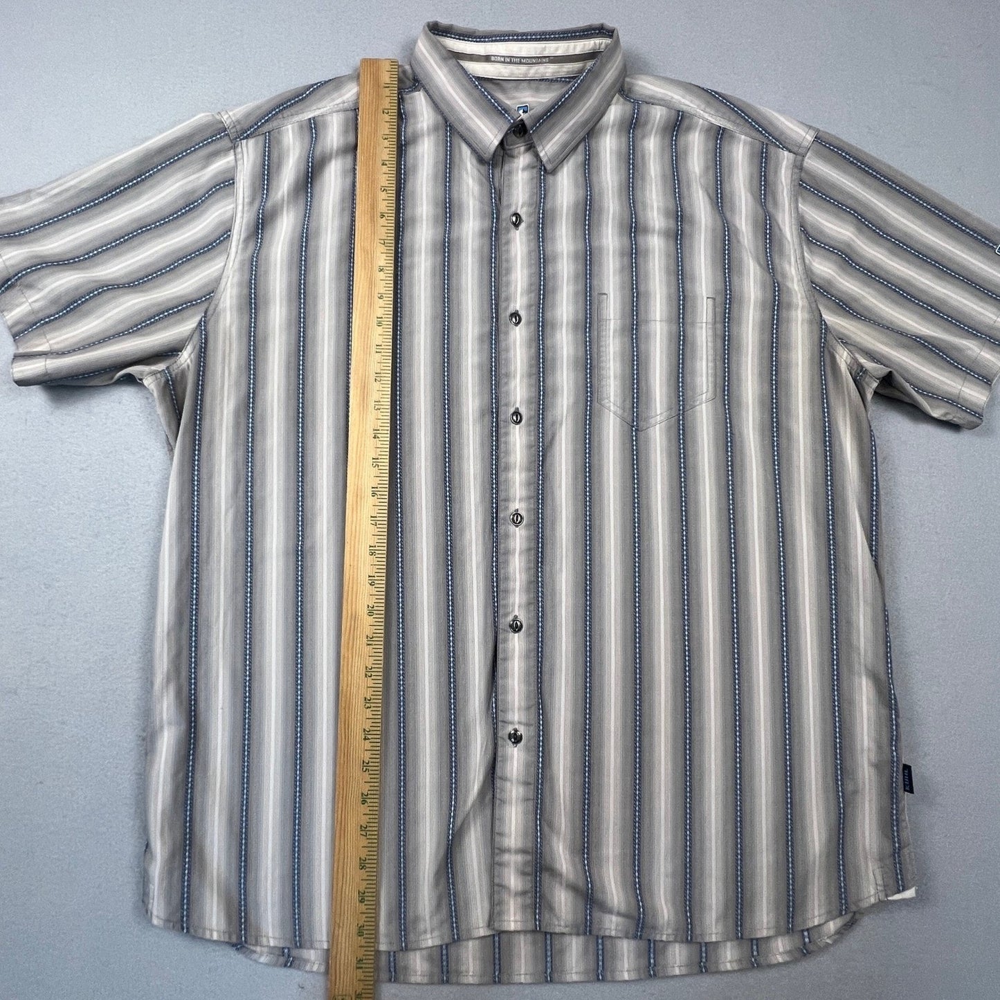 KUHL Button Down Shirt Mens XXL Grey Blue Striped Short Sleeve Outdoor Hiking