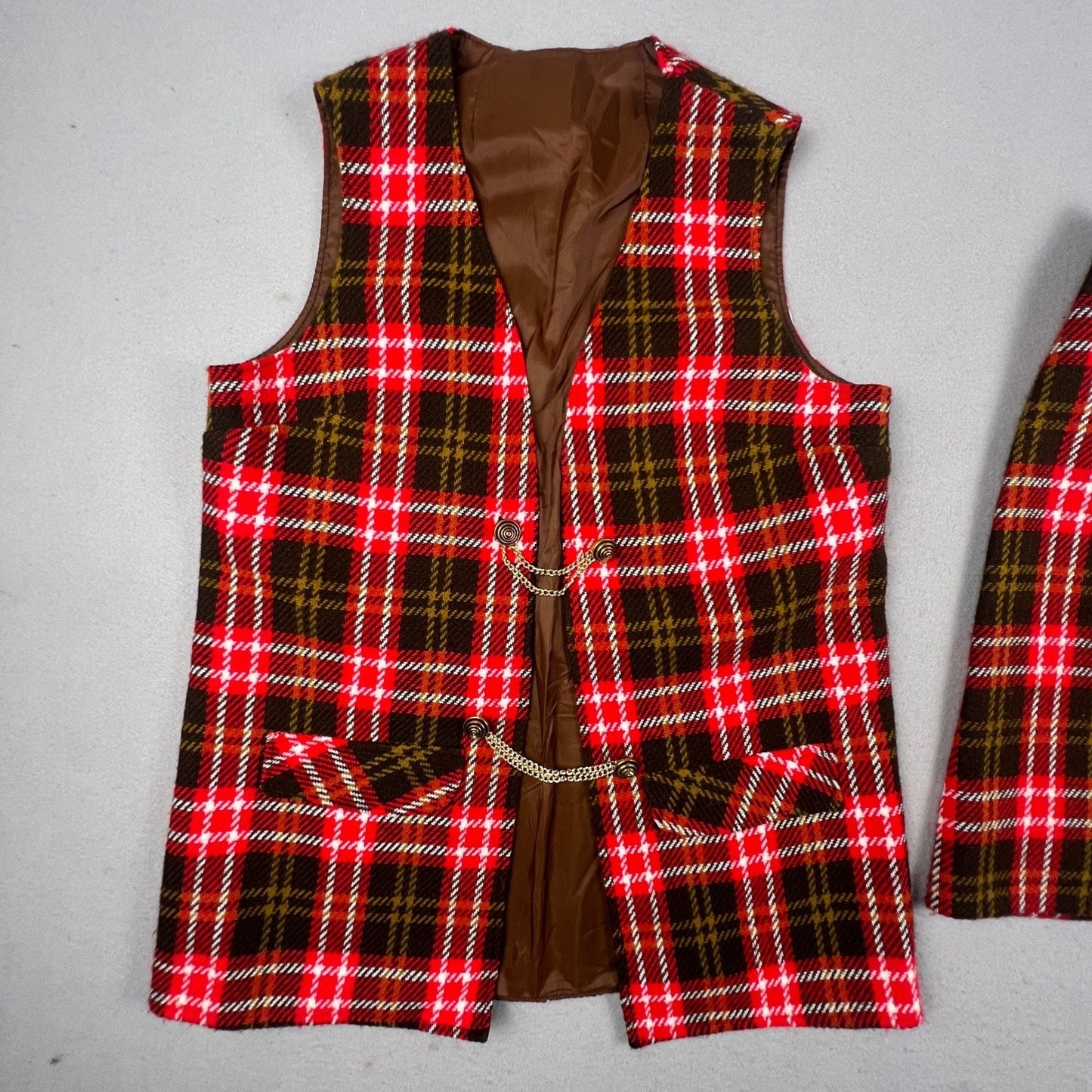 Vintage Plaid Skirt Set Womens Medium Red Brown Vest Mini Skirt Mod Academic