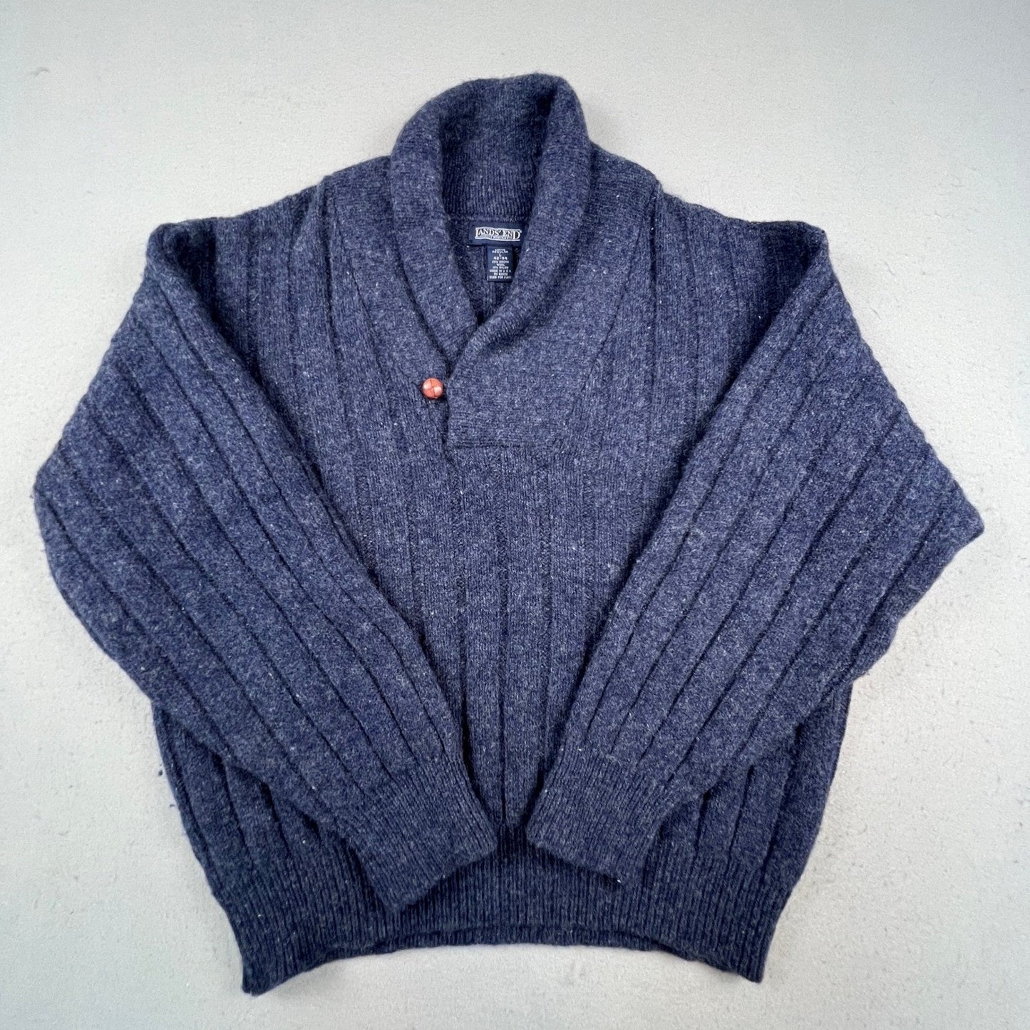 Lands End Shawl Collar Sweater Mens L Blue Wool Blend Ribbed Knit Vintage USA