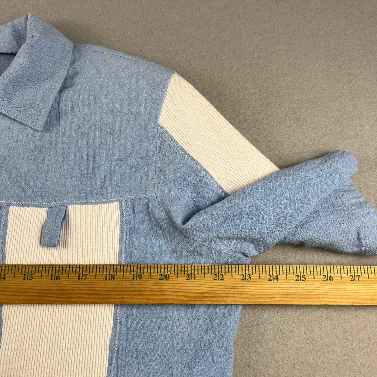 VTG Highlights Zip Up Shirt Womens Large Blue White Ribbed Panel Shoulder Pads