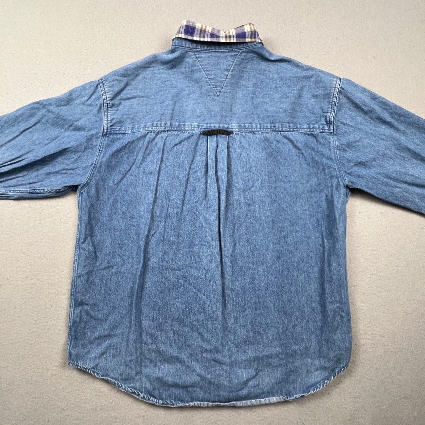 VTG Tommy Hilfiger Denim Shirt Womens Medium Blue Corduroy Pocket Plaid Trim