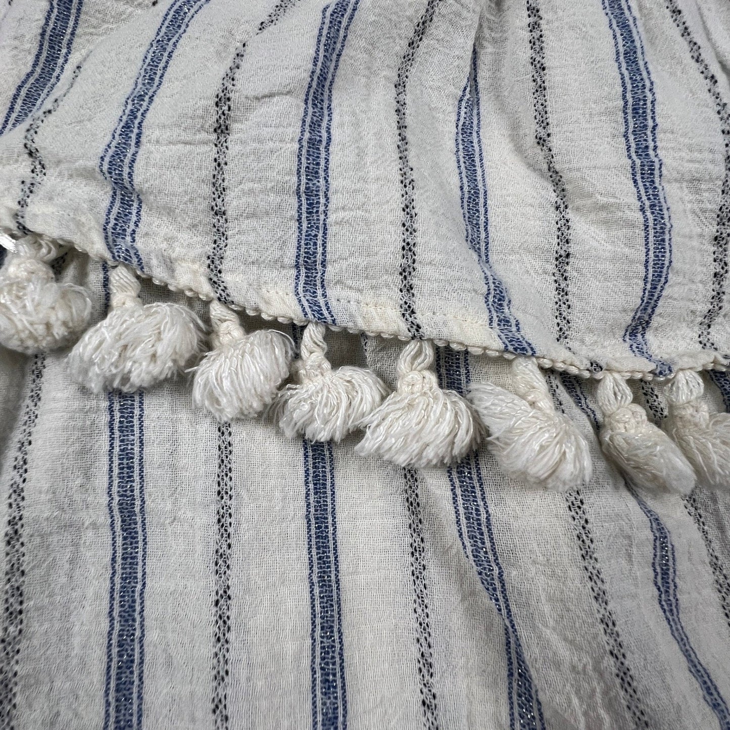 Artisan NY Off Shoulder Top Womens Small White Blue Striped Pom Pom Boho Blouse