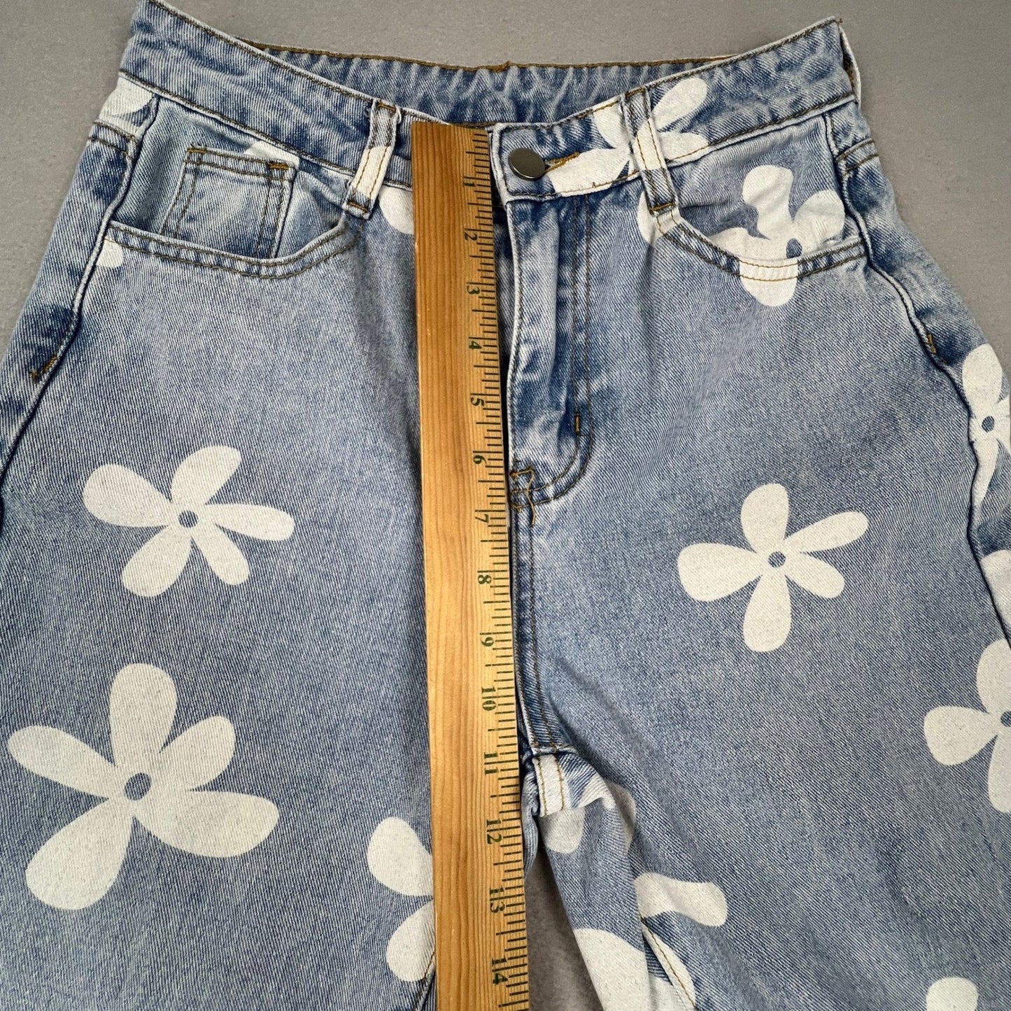 Straight Leg Retro Boho Daisy Print Jeans Womens 27 Light Blue Floral