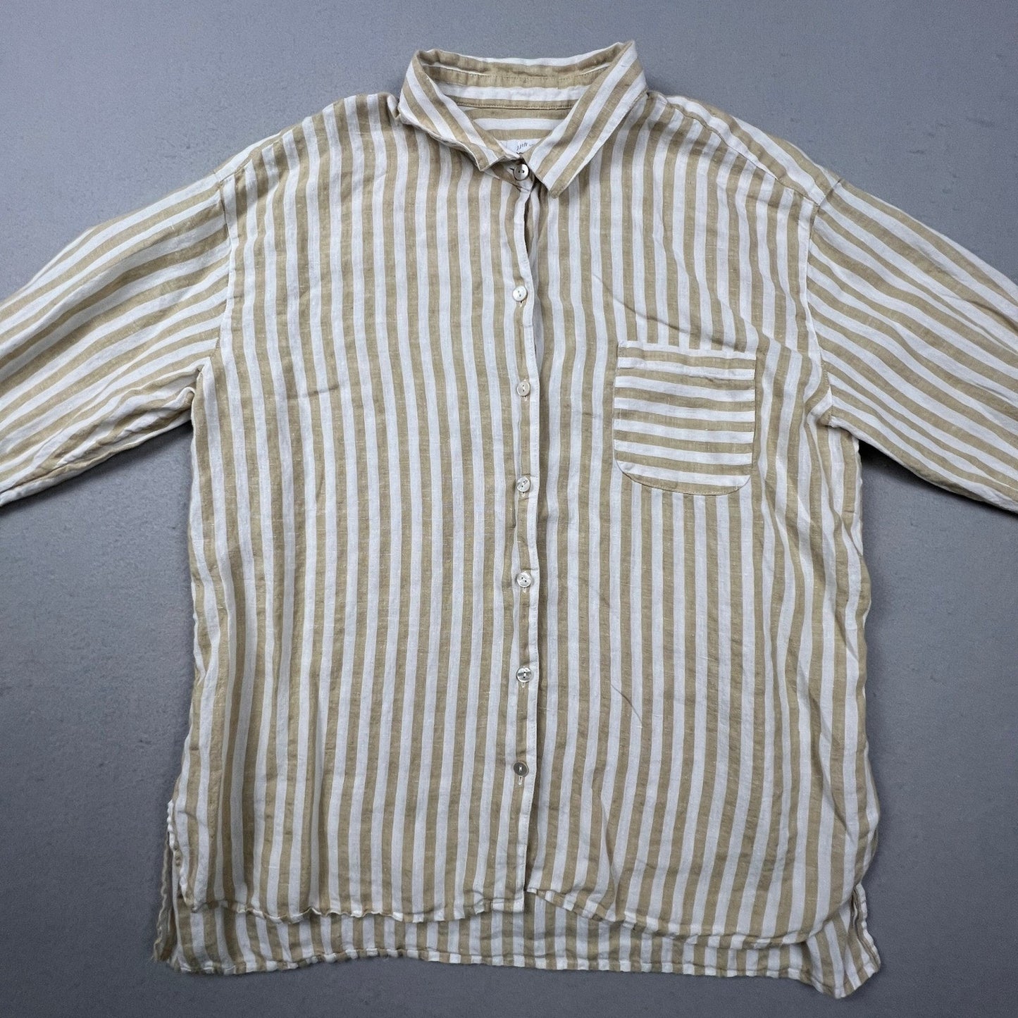 J. Jill Love Linen Button Down Shirt Womens Medium Tan Striped Coastal Classic