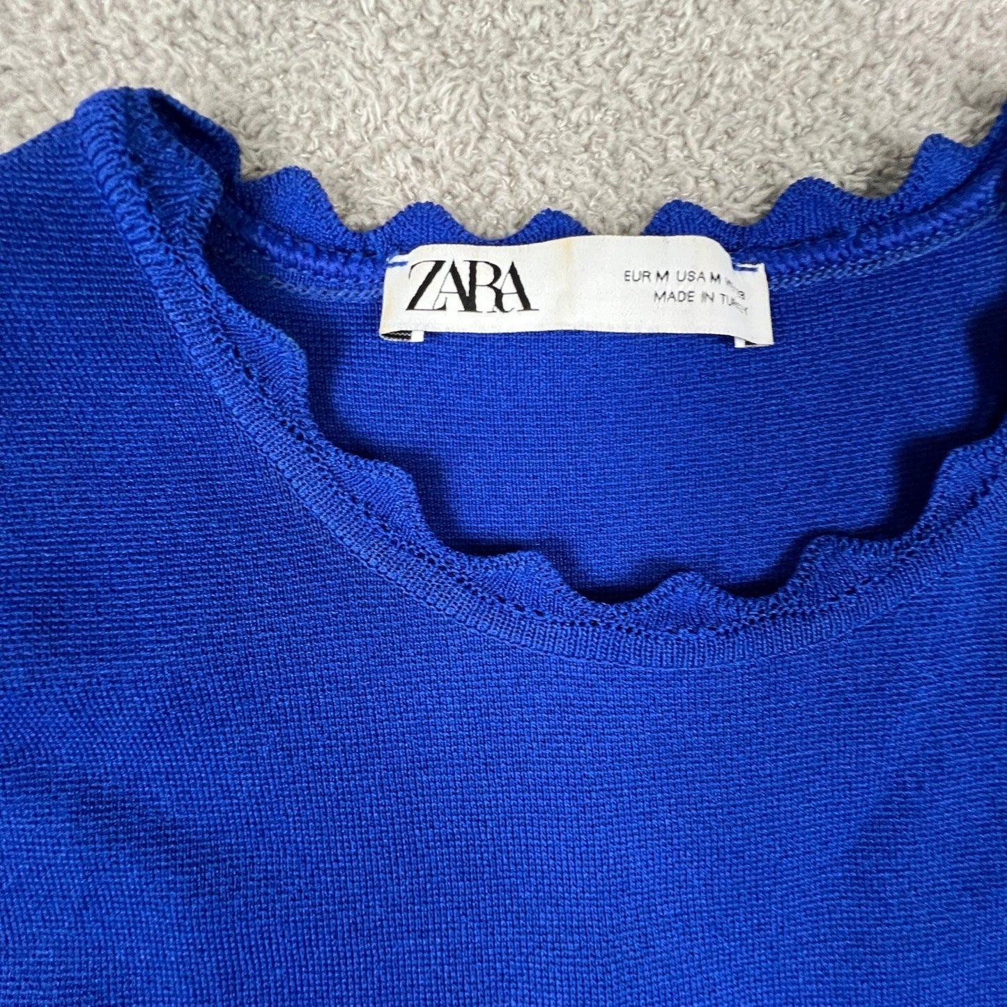 Zara Knit Midi Dress Womens Medium Blue Scalloped Trim Bodycon Sleeveless Chic