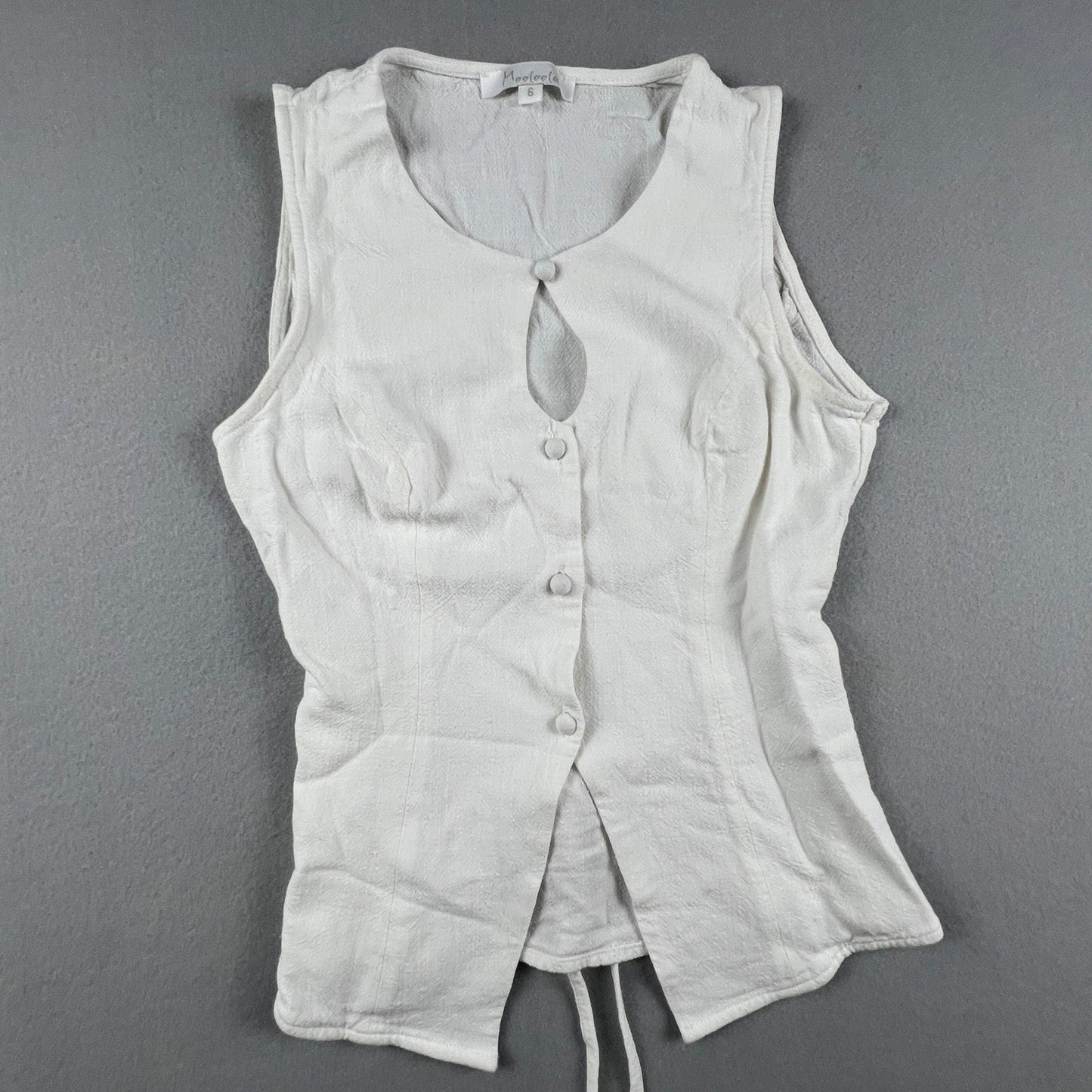 Button Front Vest Top Womens 6 White Keyhole Tie Back Textured Summer Boho