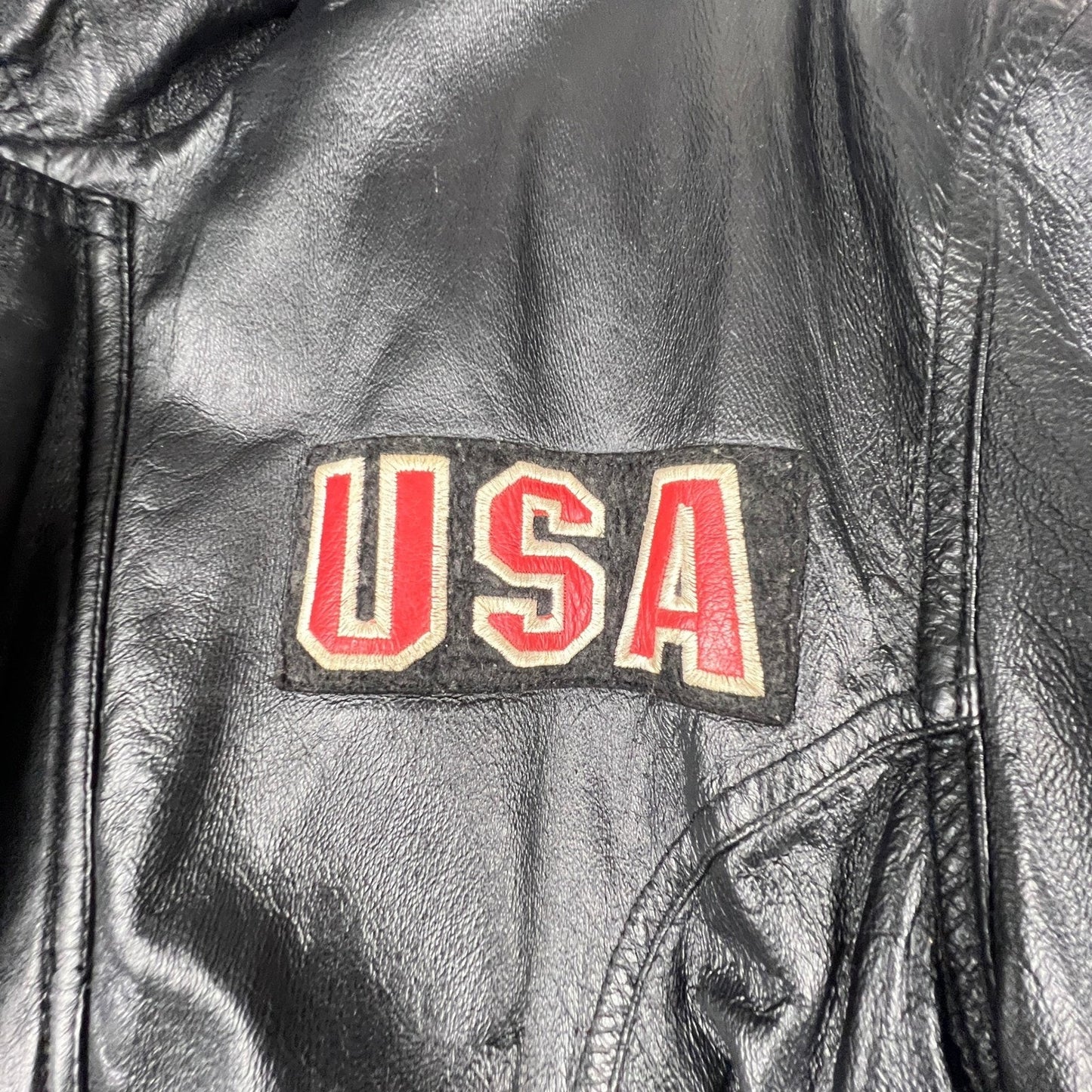 Leather Bomber Jacket Mens L Black USA Eagle Patriotic Biker Vintage Rocker
