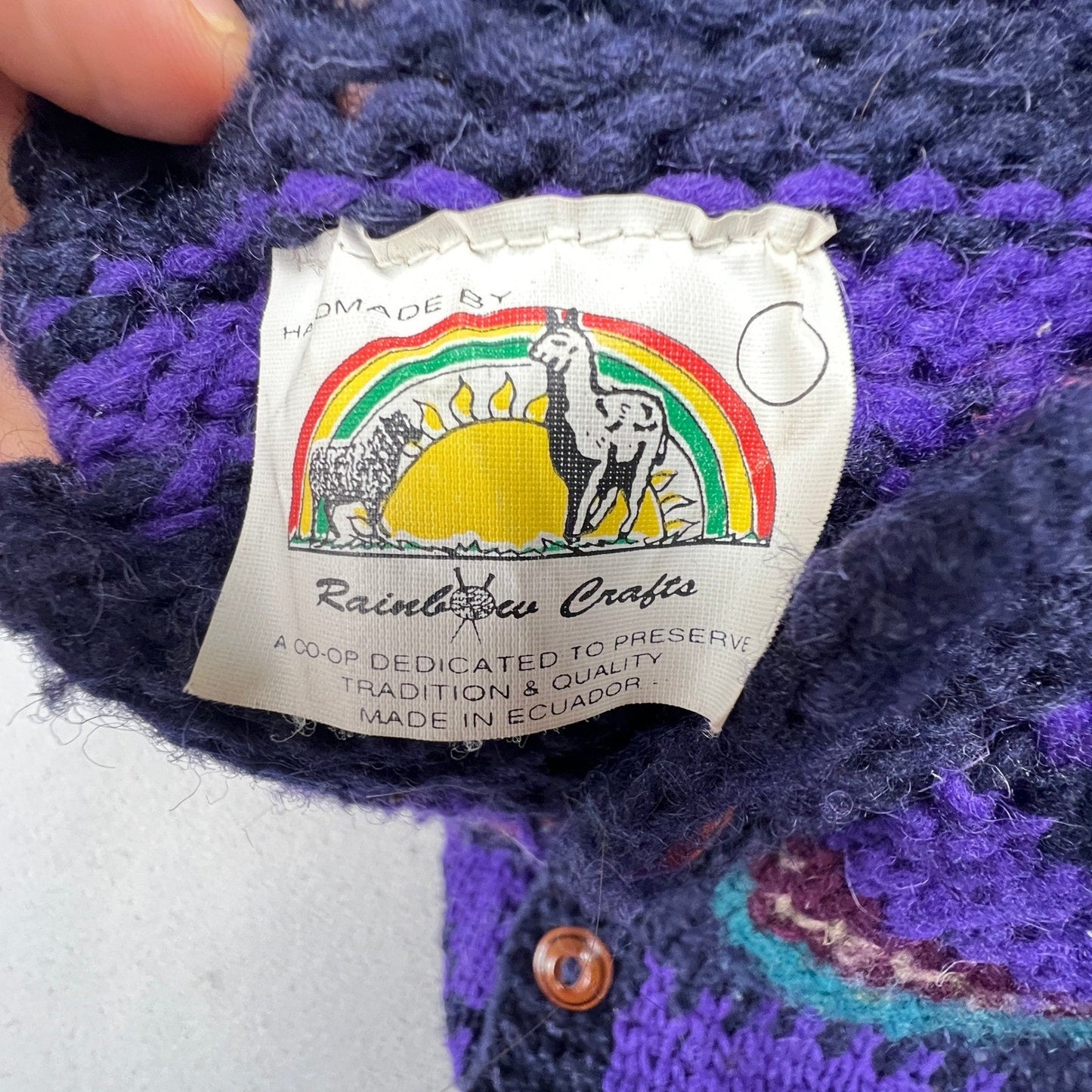 Rainbow Crafts Cardigan Mens L Purple Merino Wool Geometric Knit Ecuador Boho