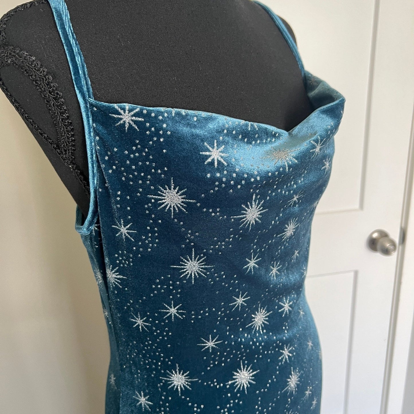 Cider Velvet Maxi Dress Womens Medium Teal Celestial Starburst Cowl Neck Party