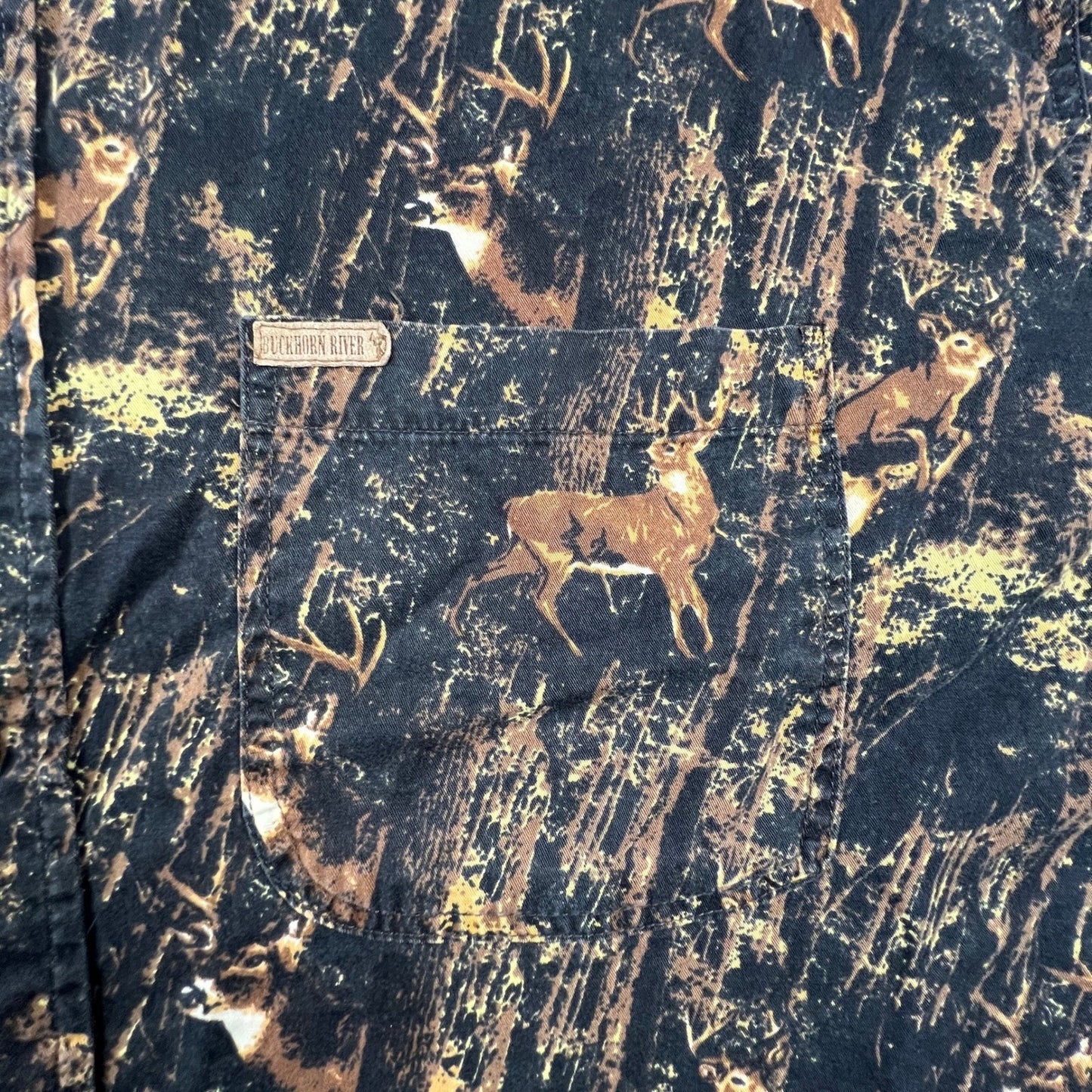 Mens XXL Deer Forest Print Cotton Button Down Shirt Hunting Brown Buckhorn River