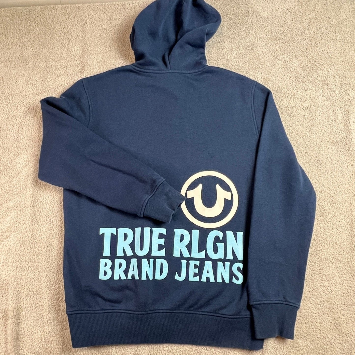 True Religion Hoodie Mens Medium Blue Horseshoe Logo Pullover Sweatshirt