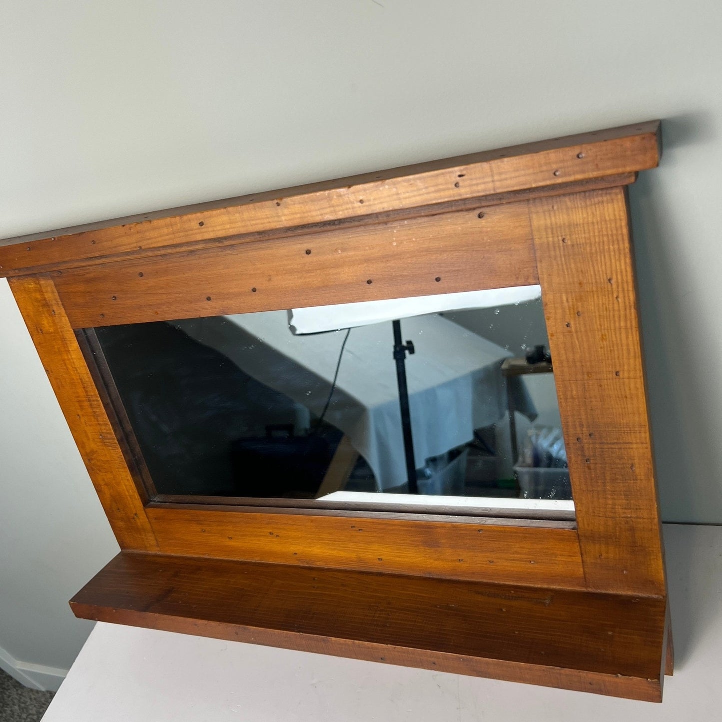 Wood Wall Mirror Entryway Shelf 20x14 Brown Rustic Farmhouse Decor Grandmacore