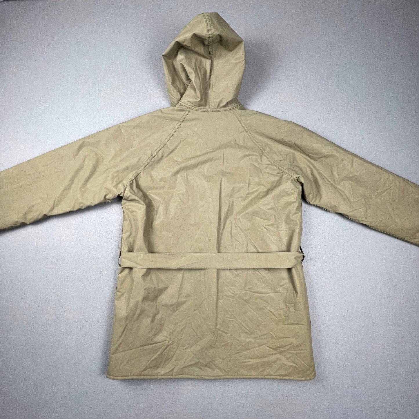 Ronte All Weather Jacket Mens Large Tan Quilt Lined Belted Hooded Rain Coat Vtg