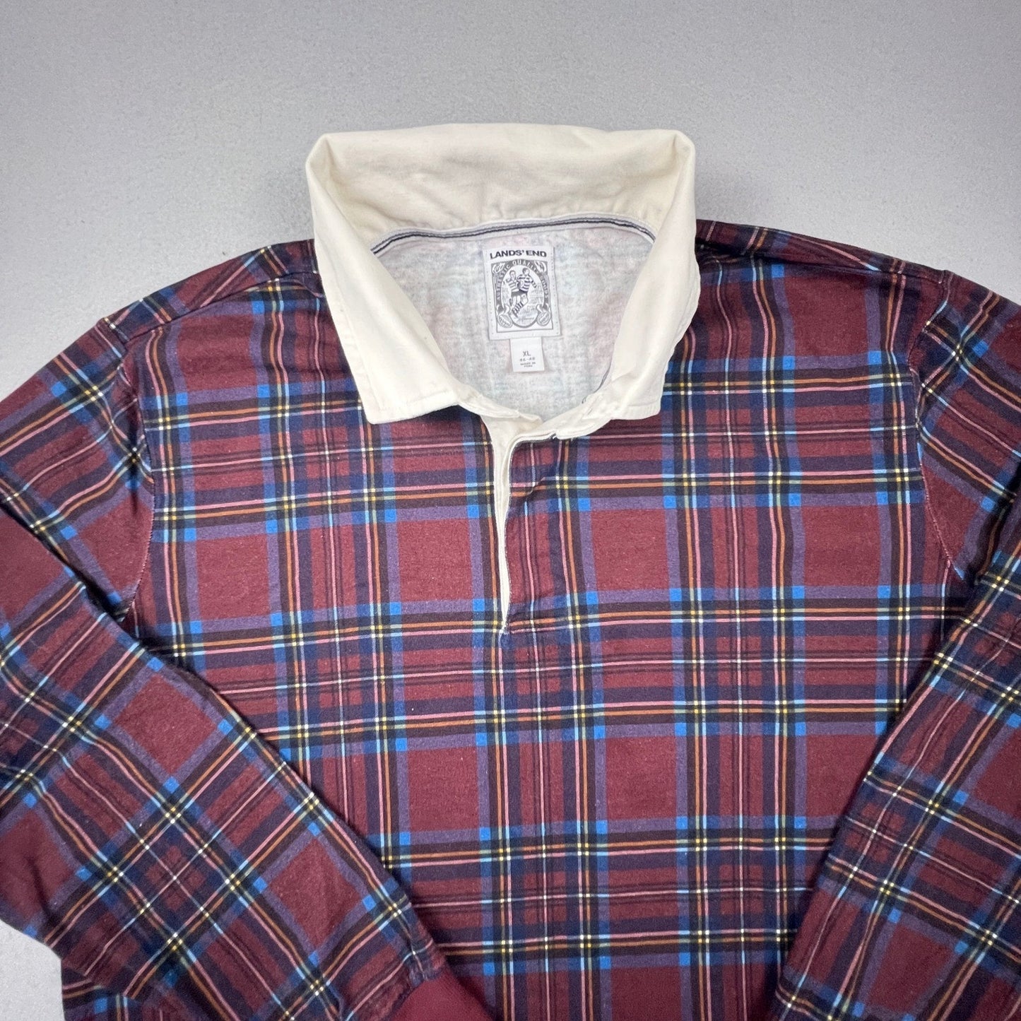 Lands' End Rugby Shirt Mens XL Burgundy Plaid Long Sleeve Cotton Preppy Classic