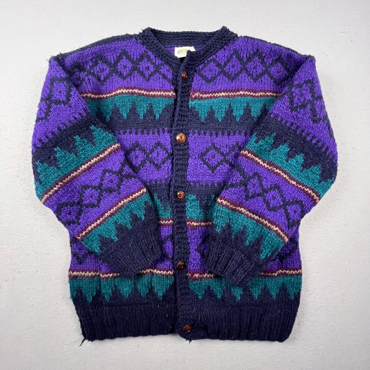 Rainbow Crafts Cardigan Mens L Purple Merino Wool Geometric Knit Ecuador Boho