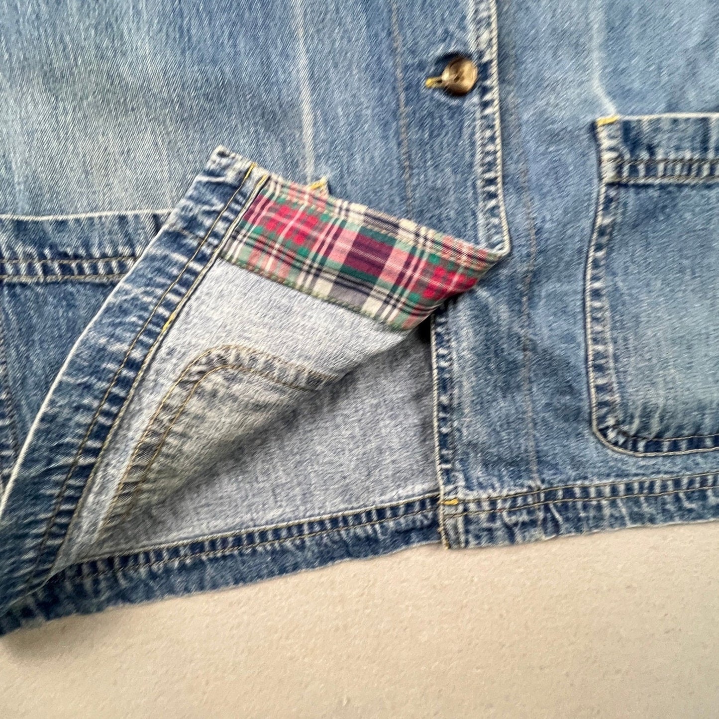 VTG Style Cabin Creek Denim Chore Jacket Womens XL Blue Plaid Lined Barn Coat