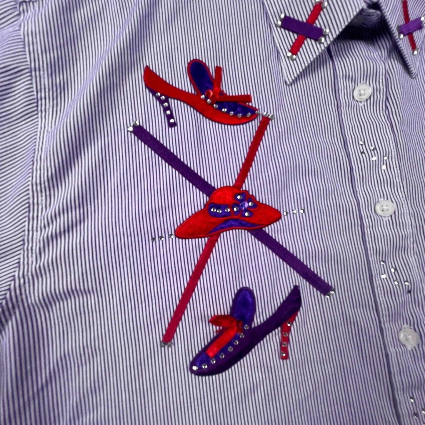 VTG Las Olas Button Down Shirt Womens L Purple Pinstripe Rhinestone Fashion Art