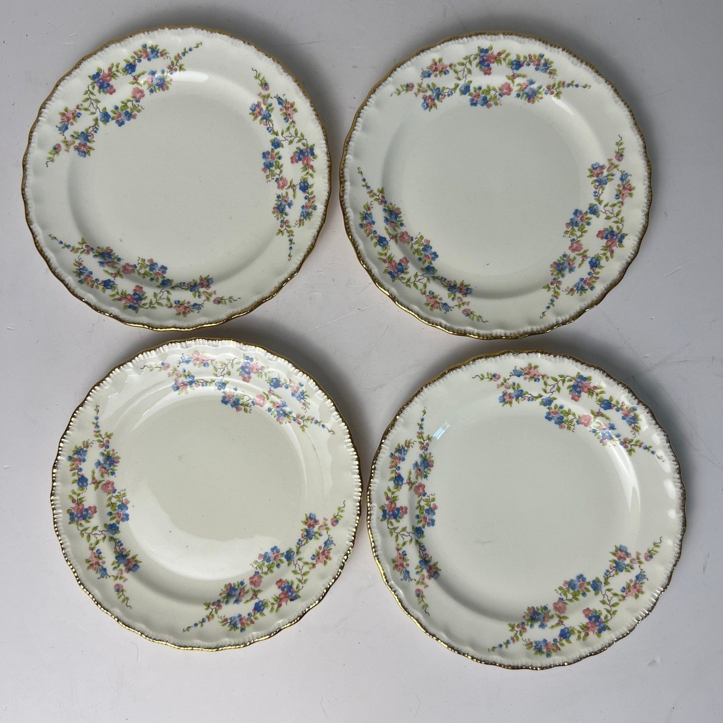 VTG 50s Pope-Gosser Blue Bell Bread Plates Set of 4 White Gold Trim Grandmacore