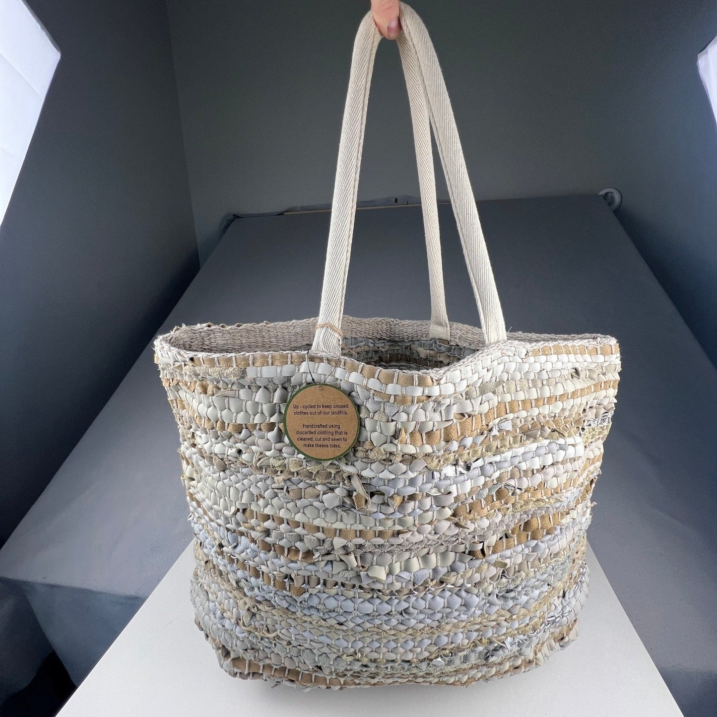 Handcrafted Upcycled Woven Tote Bag Large Neutral Boho Eco-Friendly Beach Travel