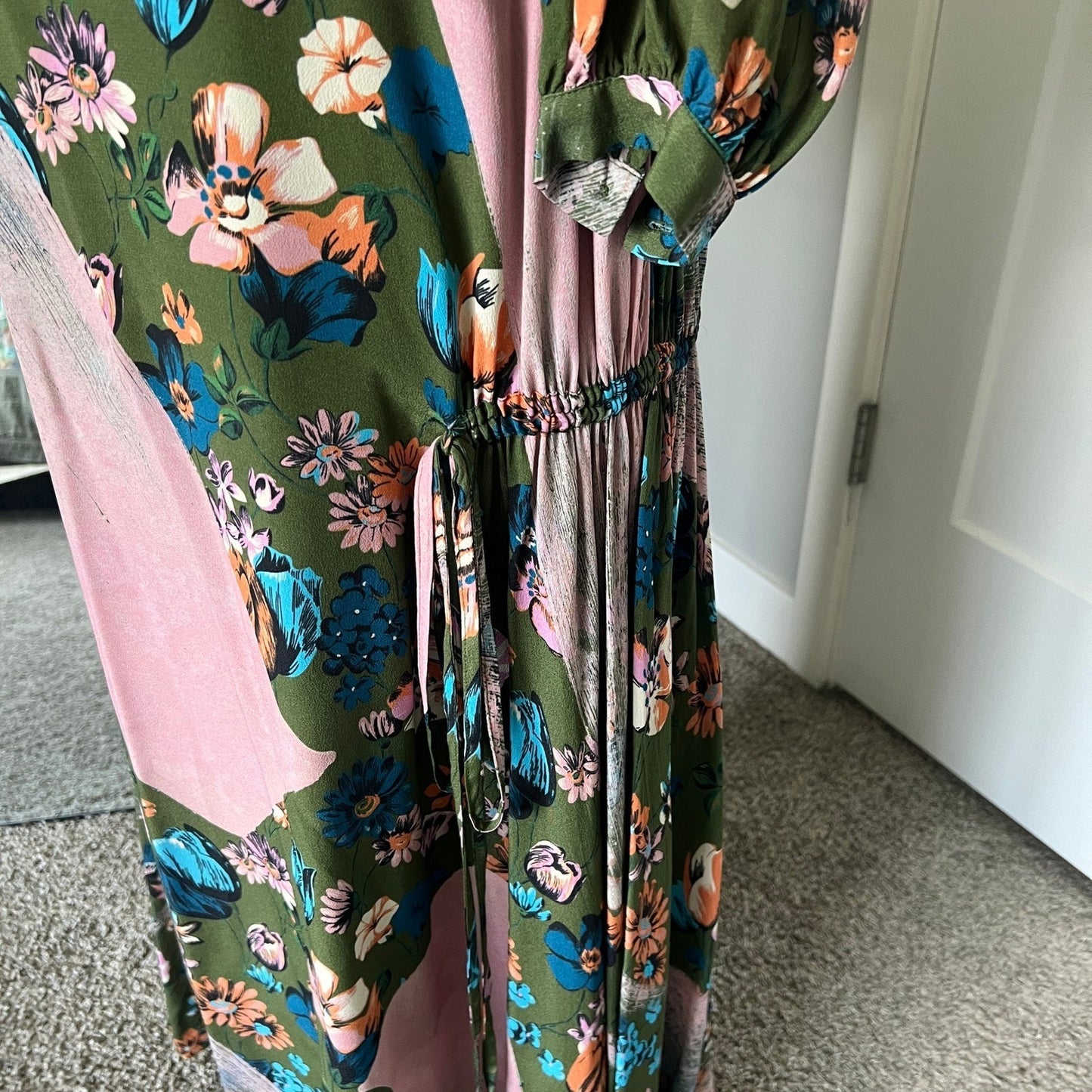 House of Holland Maxi Dress Womens 4 Green Floral Ruched Long Sleeve Boho Gown