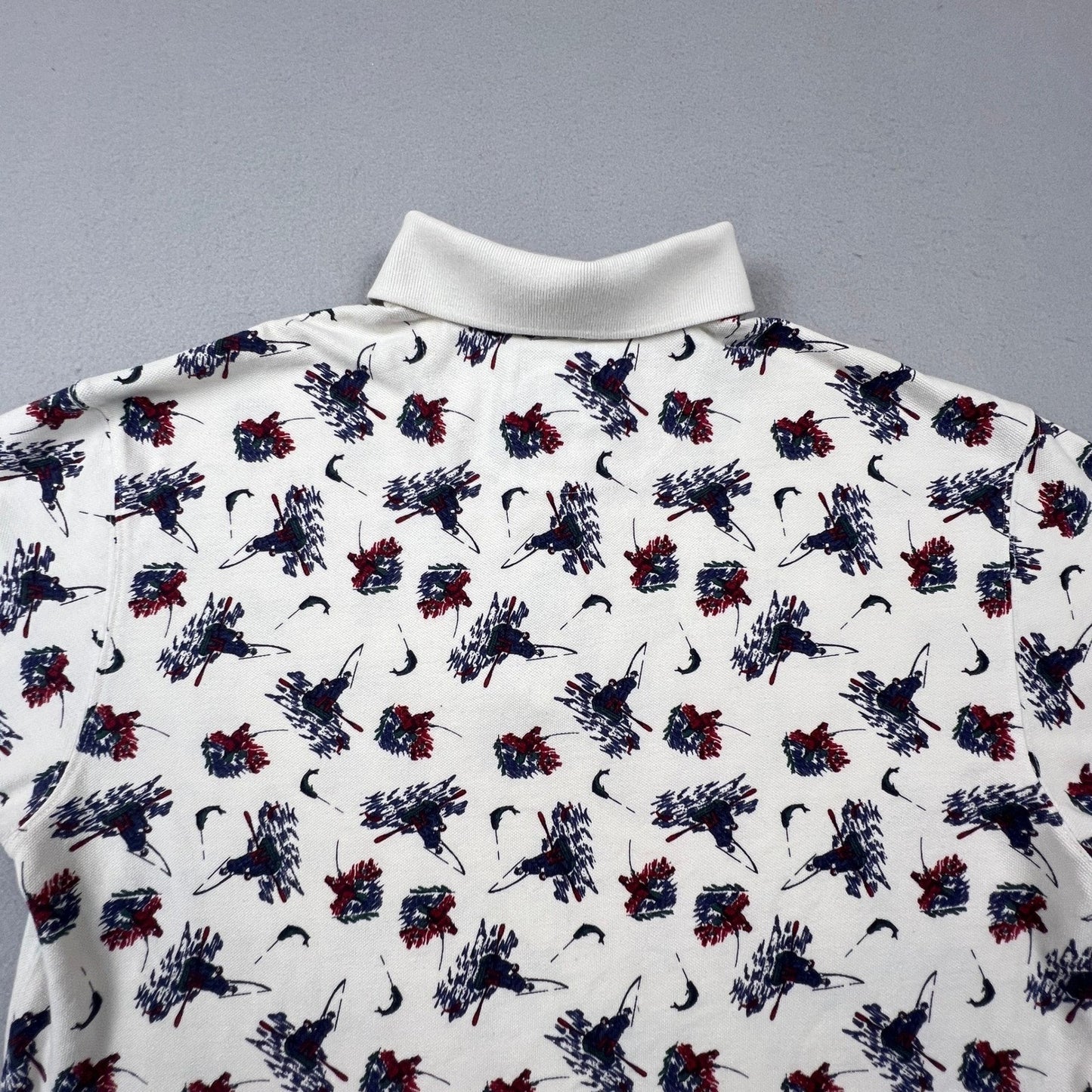 Woolrich Polo Shirt Mens Large Ivory Fishing Print Cotton Short Sleeve Outdoor