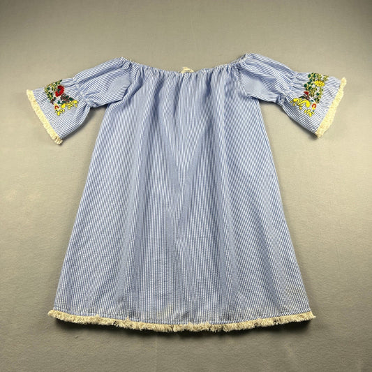 Off Shoulder Seersucker Dress Stripe Embroidered Bell Sleeve Boho Cottagecore