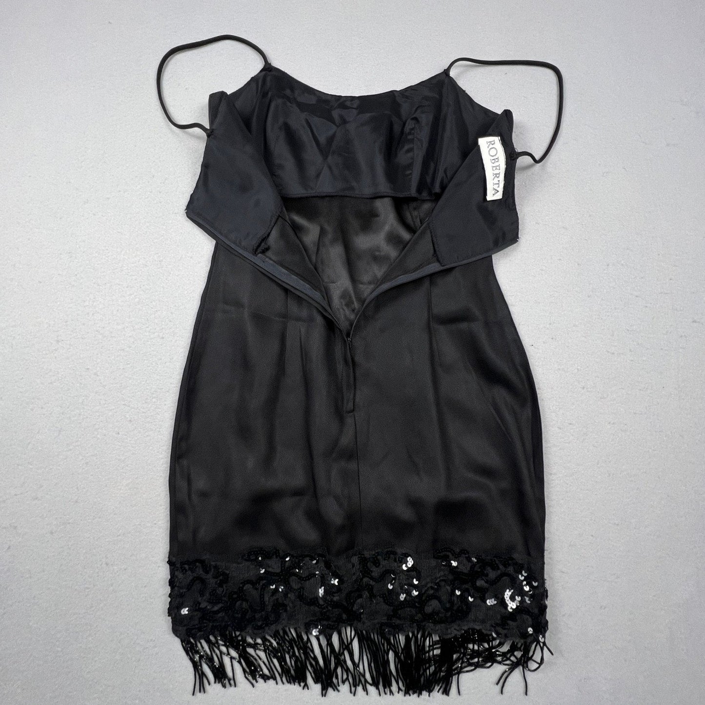 VTG 90s Roberta Mini Dress Small Black Sequin Fringe Lace Spaghetti Strap Party