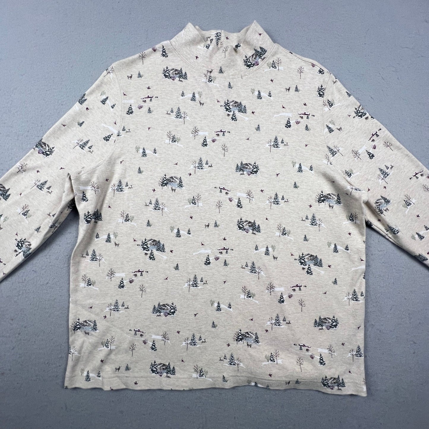 Winter Scene Pine Tree Cotton Shirt Mock Neck Top Womens XL Beige Croft & Barrow