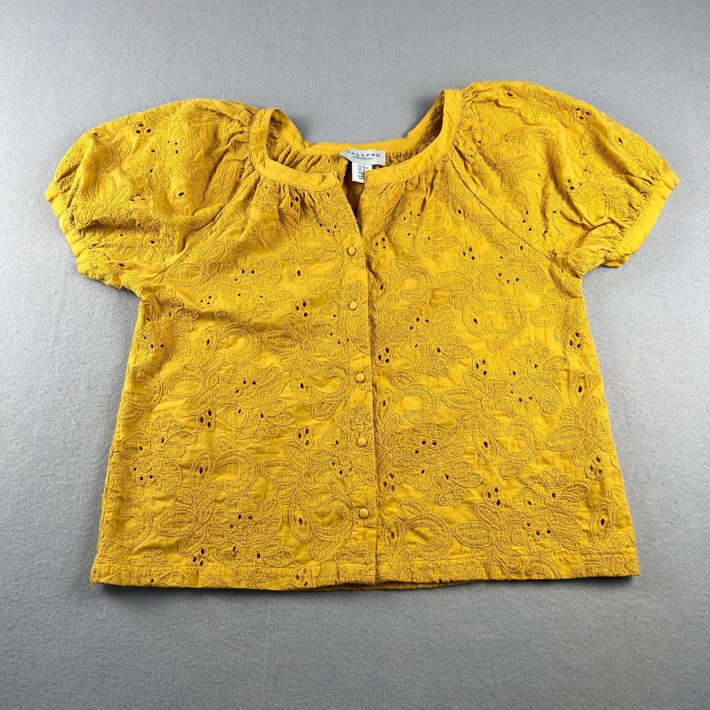 Calypso St Barth Eyelet Blouse Womens Medium Yellow Cotton Short Sleeve Boho Top