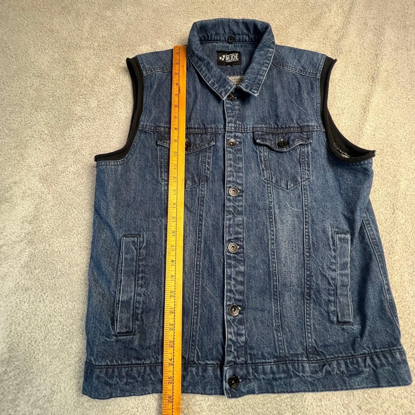 xxx RUDE Denim Vest Mens Medium Wash Sleeveless Button Up Trucker Punk Emo Y2K
