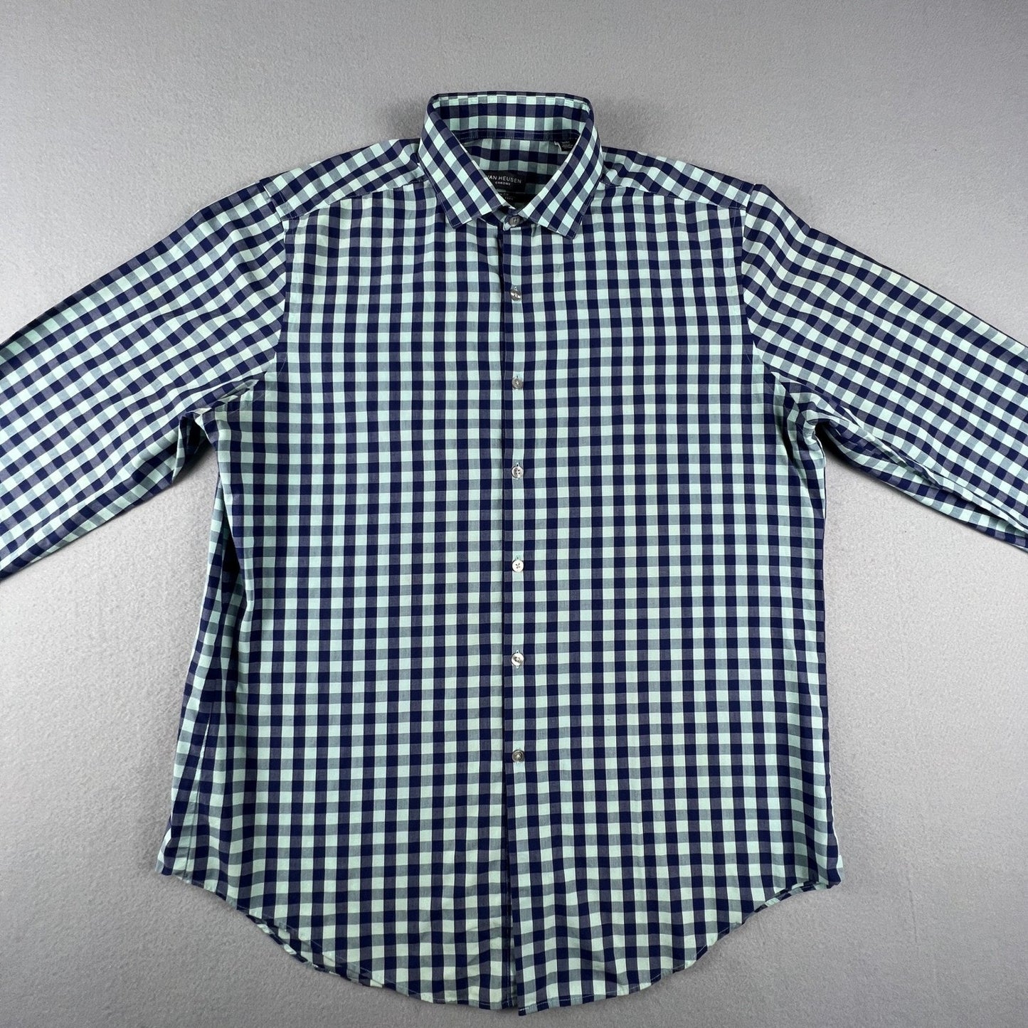 Van Heusen Button Down Shirt Men 16-16.5 Gingham Slim Fit Wrinkle Free Office