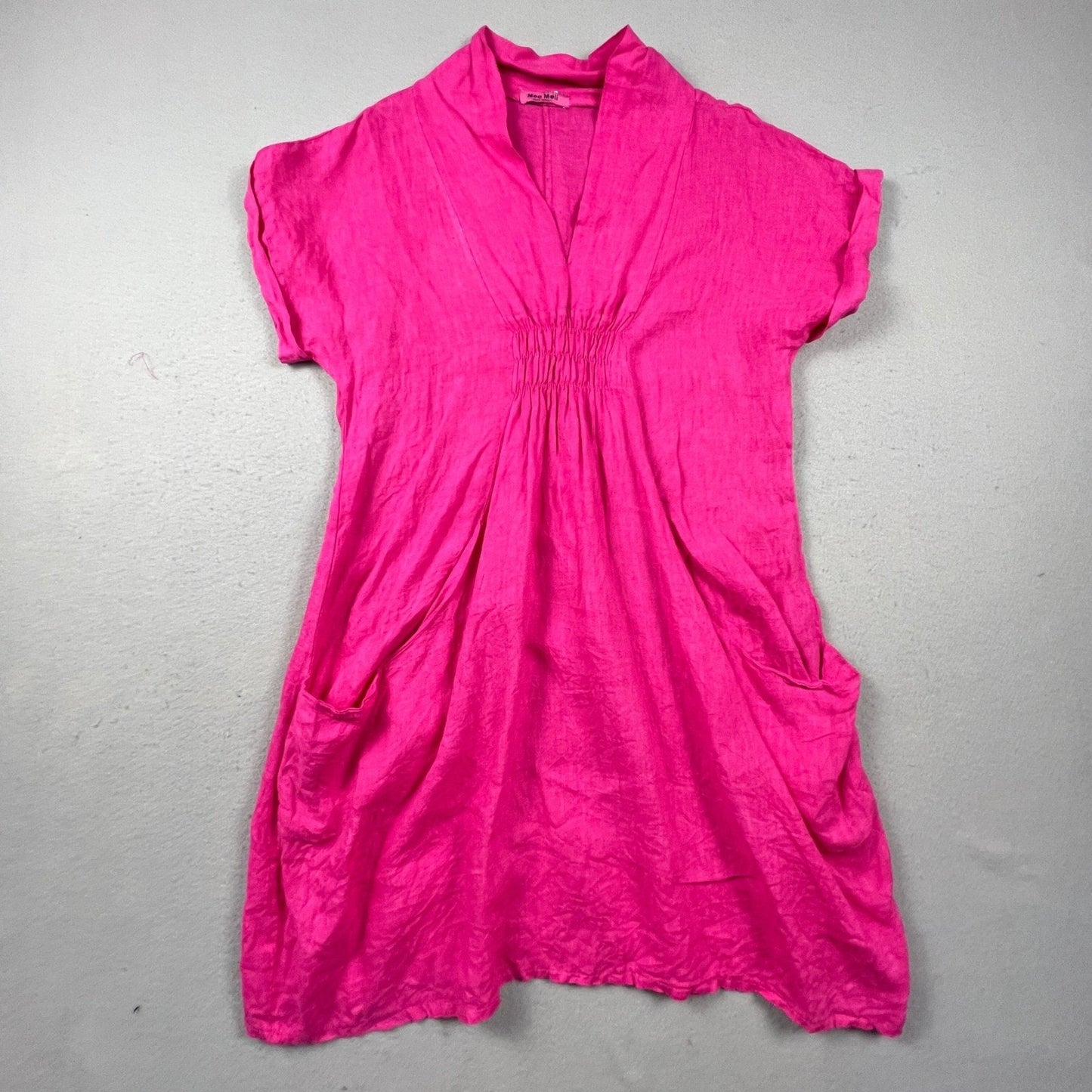 Meo Meli 100% Linen Tunic Dress Womens OS Pink V-Neck Smocked Pockets Italy Boho
