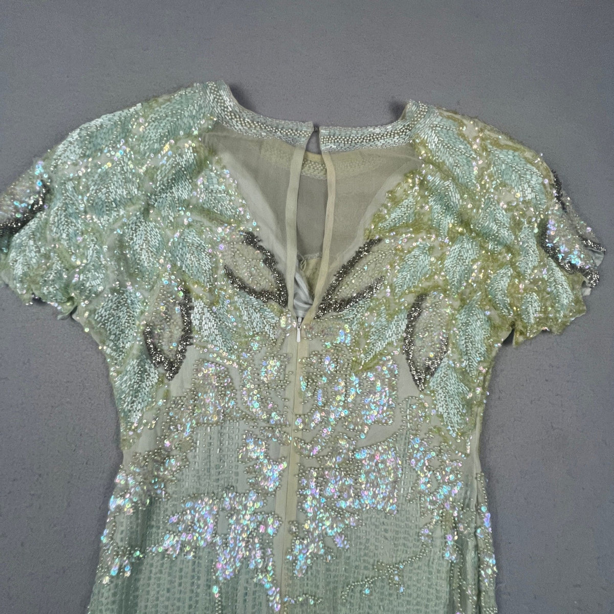 Vintage Oleg Cassini Beaded Silk Dress Women 8 Green Sequin Floral 80s Cocktail