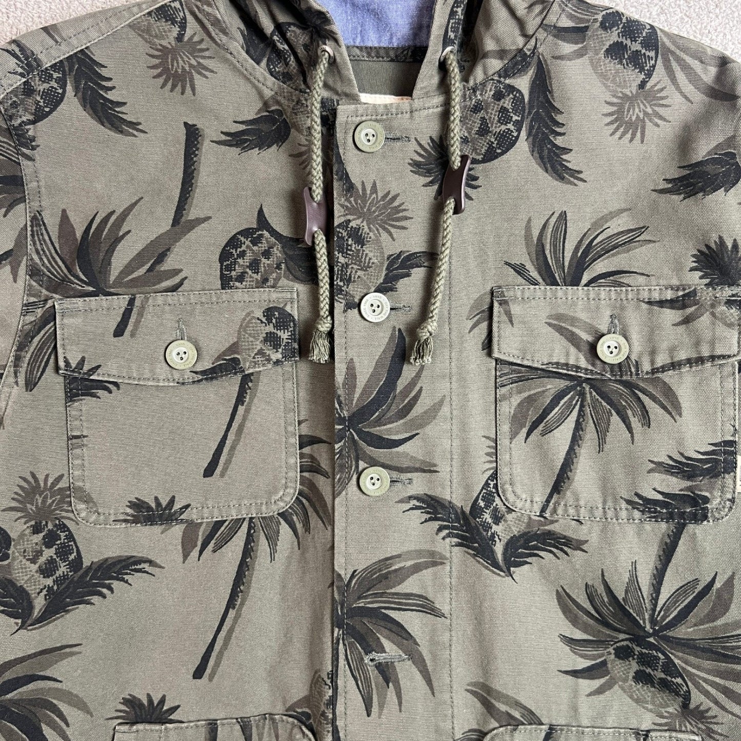 Vans Hooded Jacket Mens Medium Tropical Palm Tree Print Chore Coat Olive
