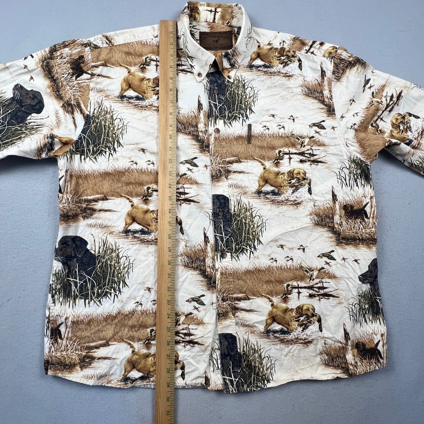 North River Hunting Dog Shirt Mens XL Beige Duck Lab Retriever All Over Print