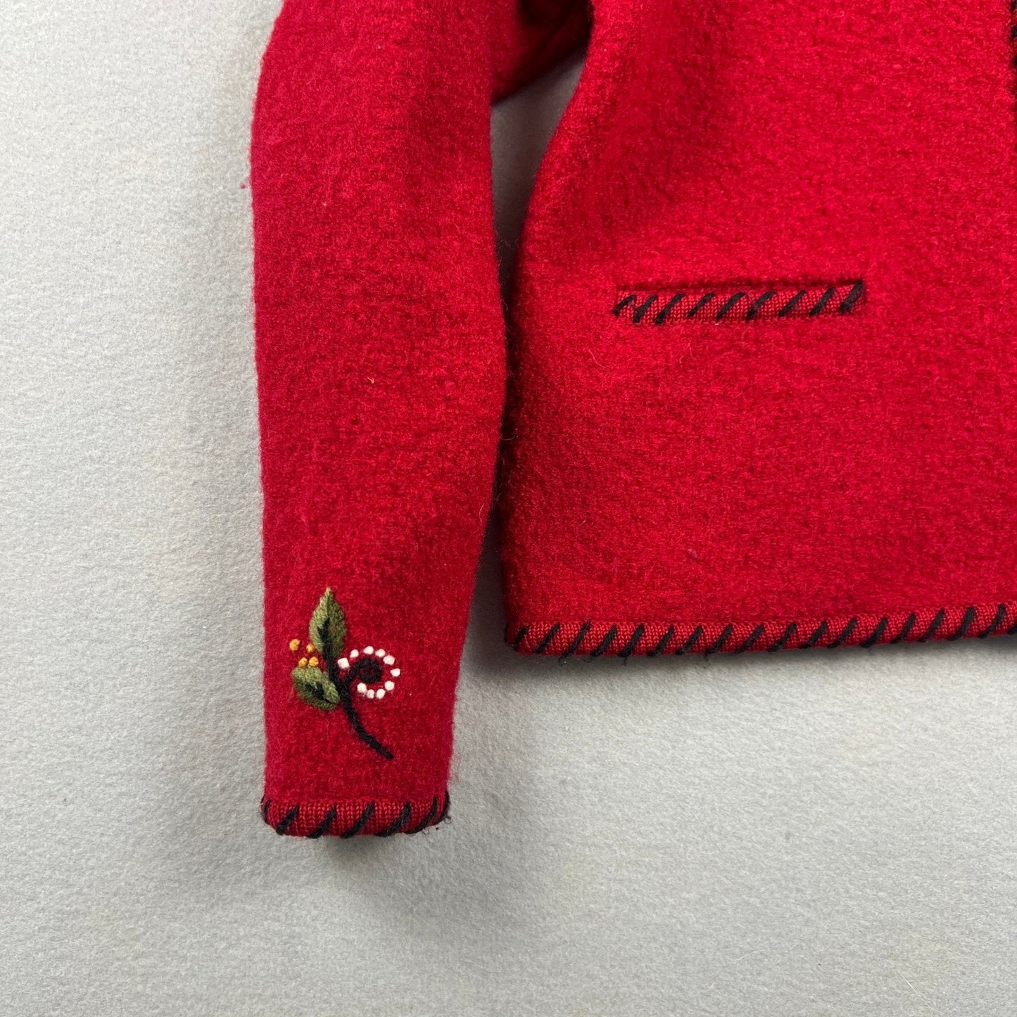 VTG Norm Thompson 100% Wool Jacket Small Red Embroidered Zip Up Cardigan Festive