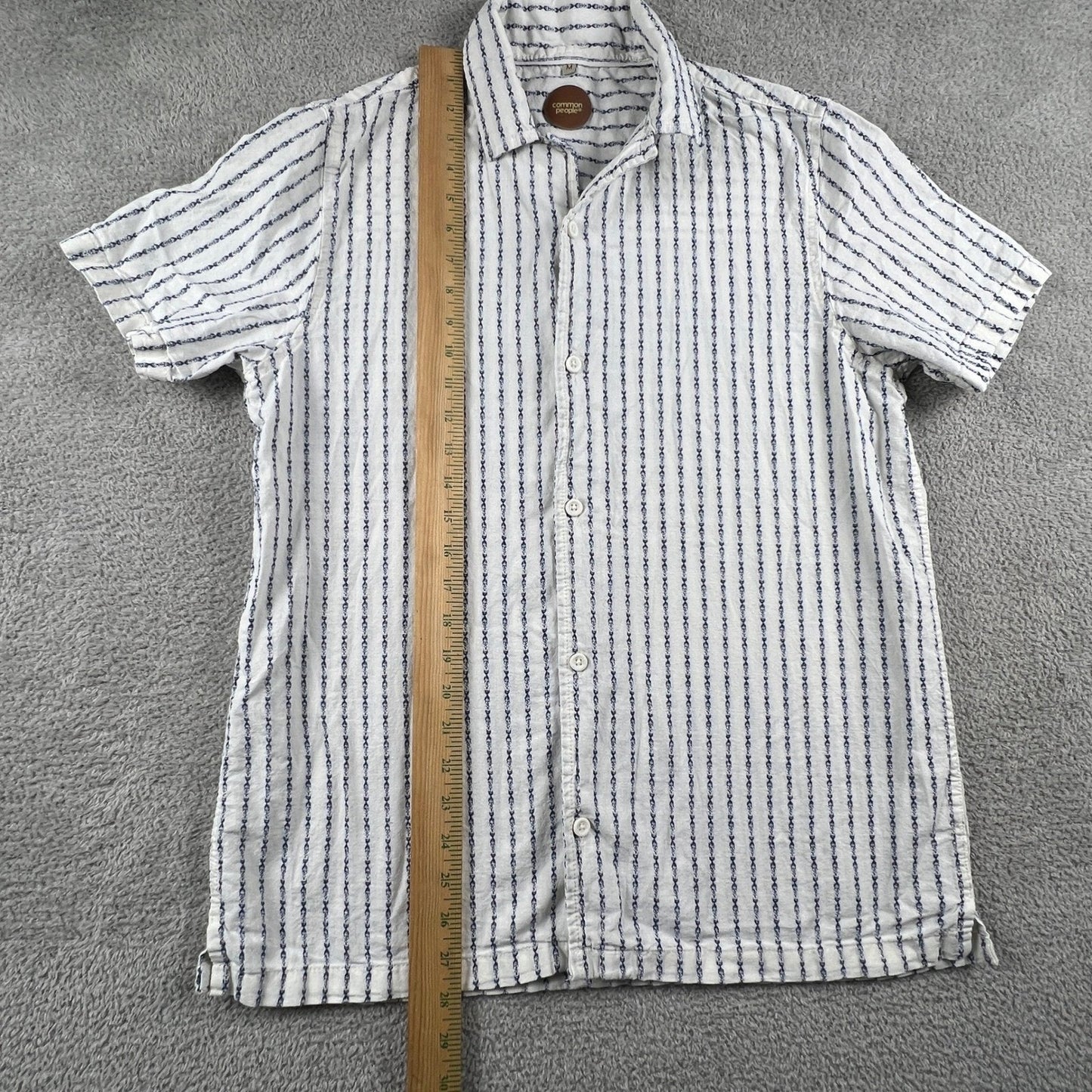 Linen Button Up Shirt Mens Medium White Blue Striped Cotton Blend Summer