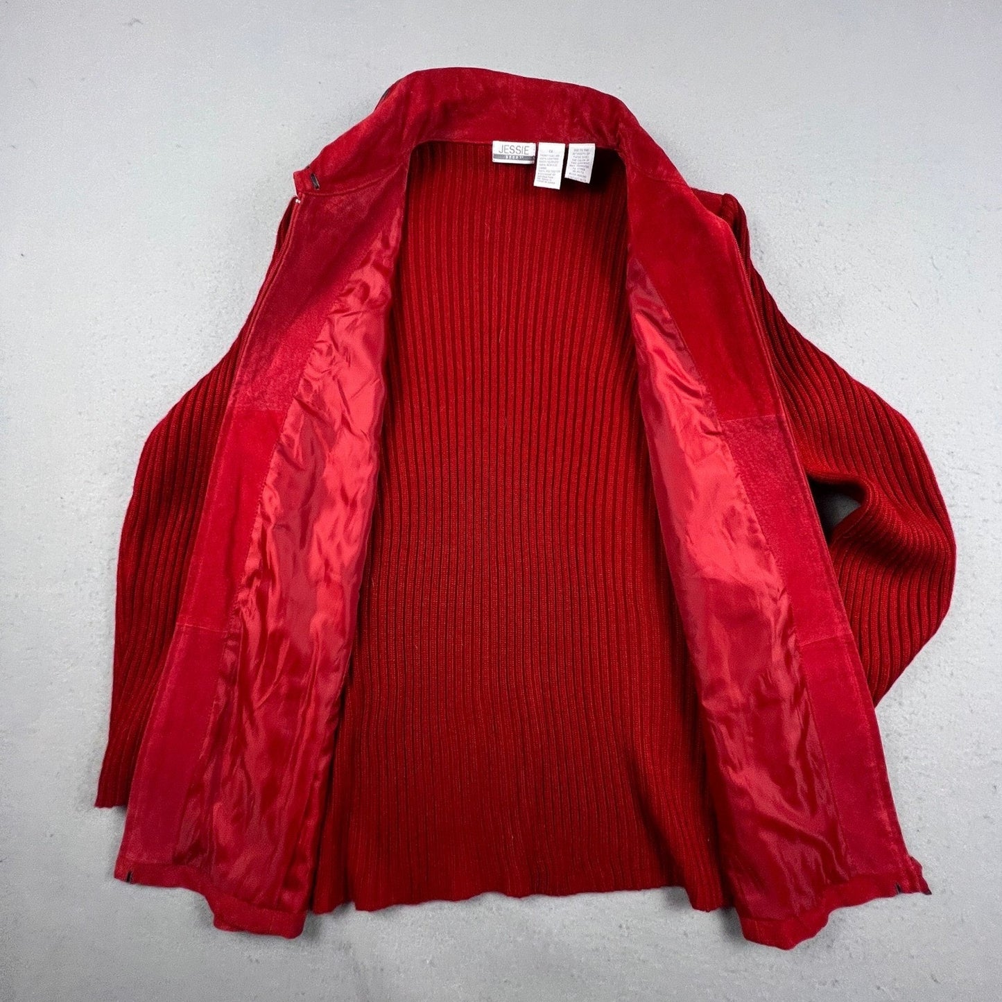 Jessie Sport Leather Jacket Women 1X Red Suede Ribbed Knit Mixed Media Zip Up
